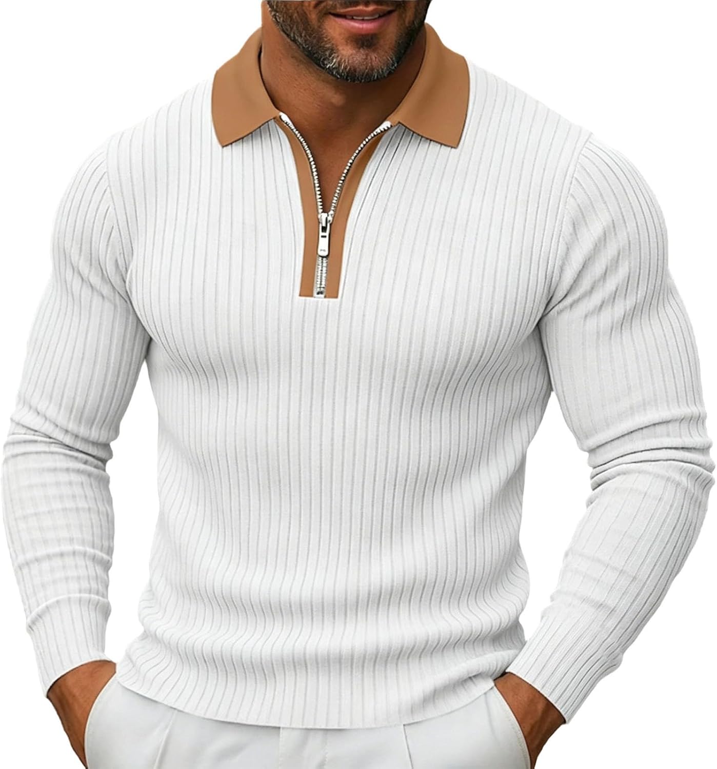 Men Half Zip Long Sleeve Polo Shirt Collared Fitted Quick Dry Athletic Top Casual Fall Winter Breathable Sweatshirt