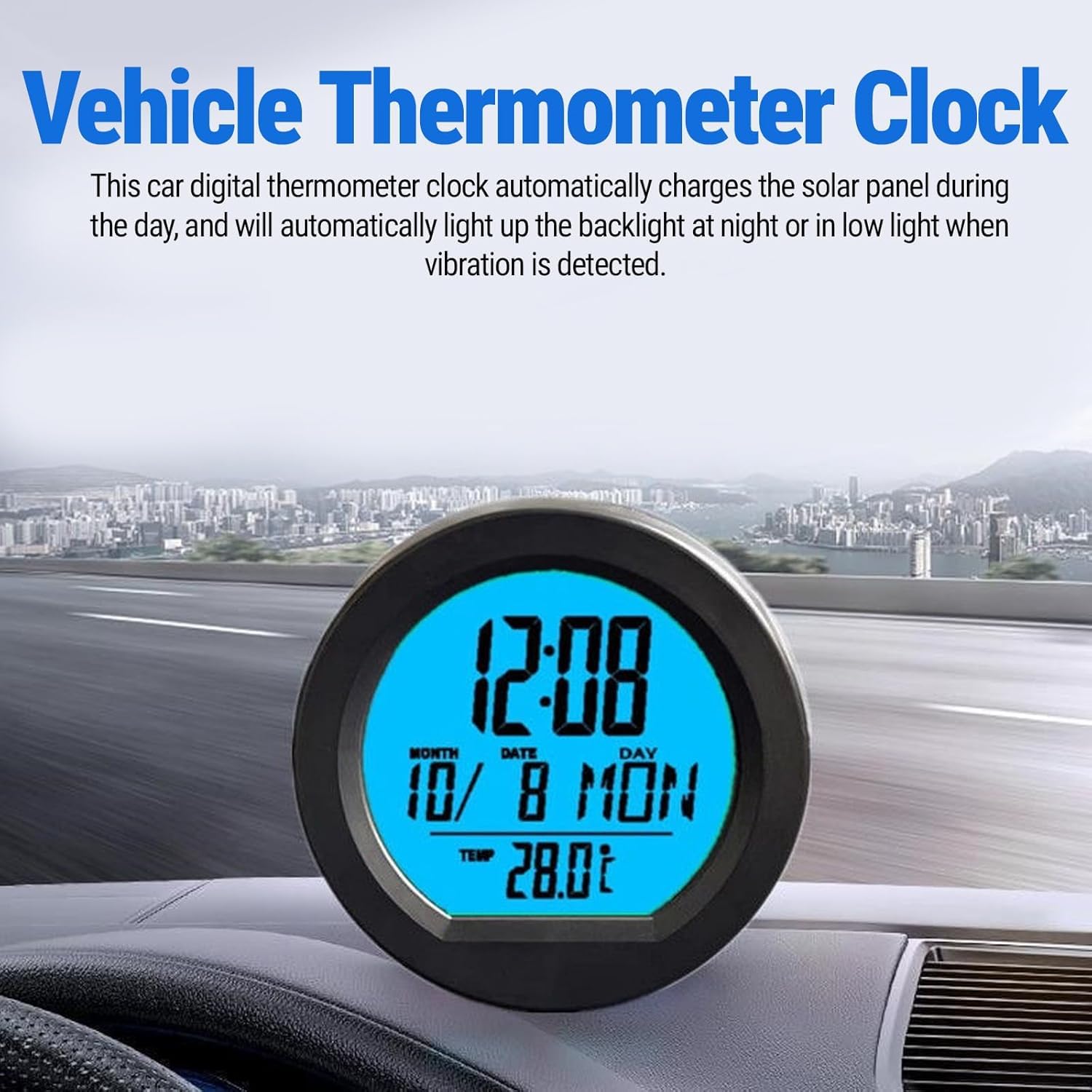 Termometro Orologio Digitale Per Auto, 3 In 1 Mini Orologio Da Cruscotto Auto A Batteria E Energia Solare Con Luce Notturna, Orologio Da Tavolo Digitale Display Temperatura E Data Per Veicoli E Uffici