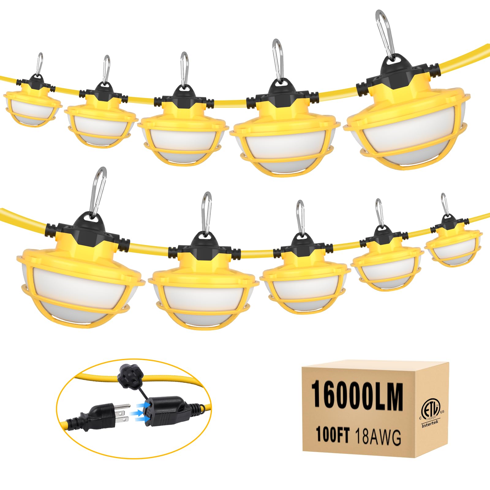 Photo 1 of 100FT LED Construction String Lights - 3 Prong, 130W 16000LM Plug in Linkable String Work Lights, 5000K Weatherproof Temporary Lighting for Construction Sites, Jobsites, Indoor & Outdoor, UL Listed