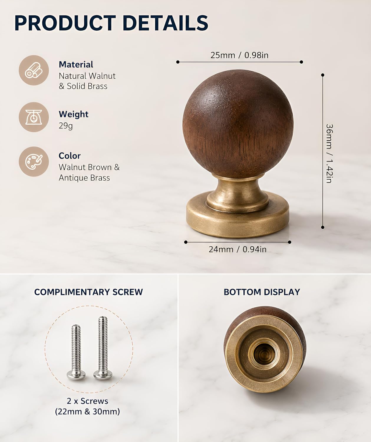 Natural Walnut Brass Cabinet Knobs, 6 Pack with 35/45mm Mounting Screws | Unique Natural Wood Grain Texture,Ideal for Cabinets, Drawers & Farmhouse Decor,Widely Fit Kitchen, Bathroom Furniture