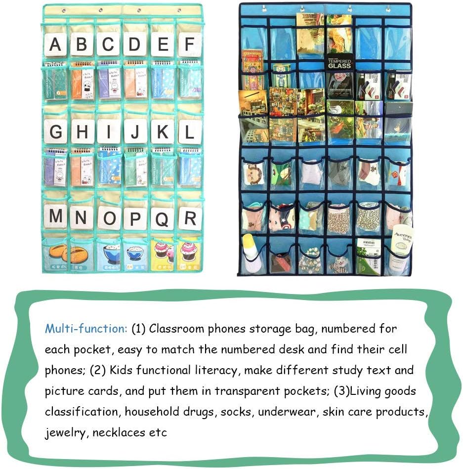 Gray Clear Pocket Chart for Classroom - Hanging Storage Bag for Cell Phones and Calculator Holder, Kids Functional Literacy, 36 Pocket Charts, 23"x39"