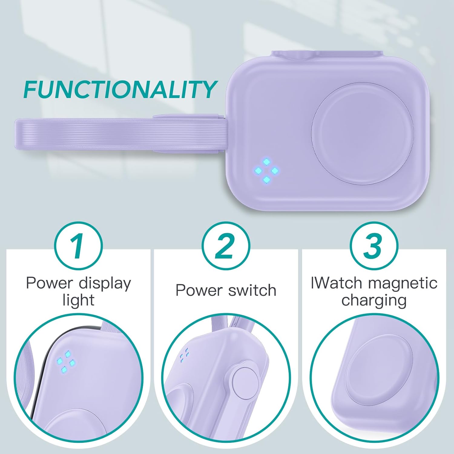 HUOTO Portable 1400mAh Wireless Charger Compatible for Apple Watch Series 10/9/8/7/6/5/4/3/2/SE/UItra 2/Ultra,Compact Magnetic iWatch Charger Power Bank Keychain Style Gift Your Mother Girl Purple image 4 of 8 B0DHR9NK6X