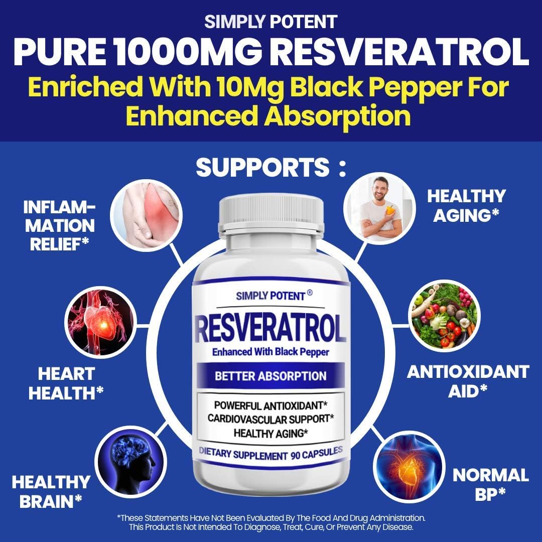 Simply Potent Resveratrol 1000mg Supplement with Black Pepper for Max Absorption, Antioxidant & Anti-Aging Pills for Heart, Immune & Skin Health, 90 Capsules