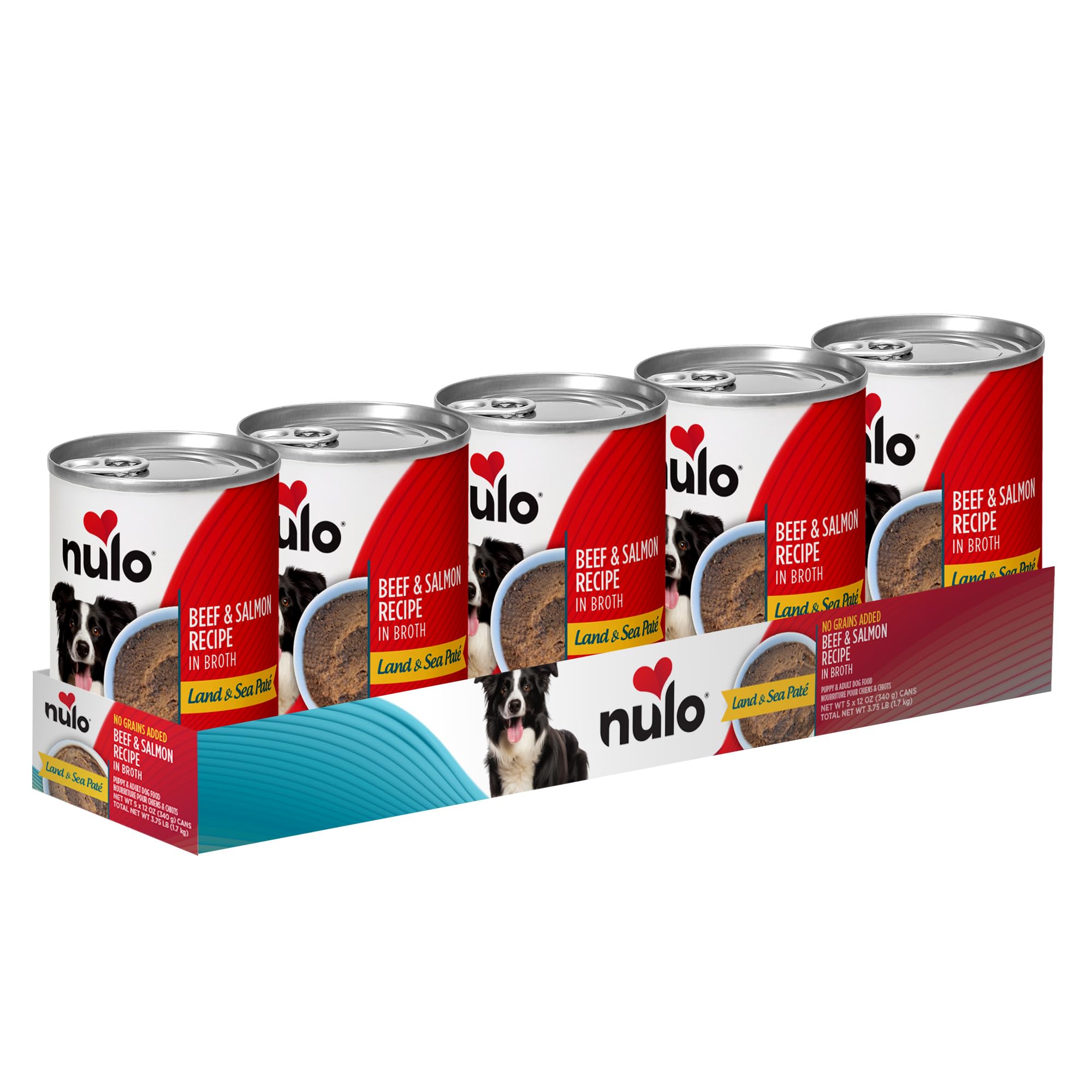 Nulo Land & Sea for Adult Dogs & Puppies Beef & Salmon Recipe in Broth 12 Ounce Cans, Pack of 5