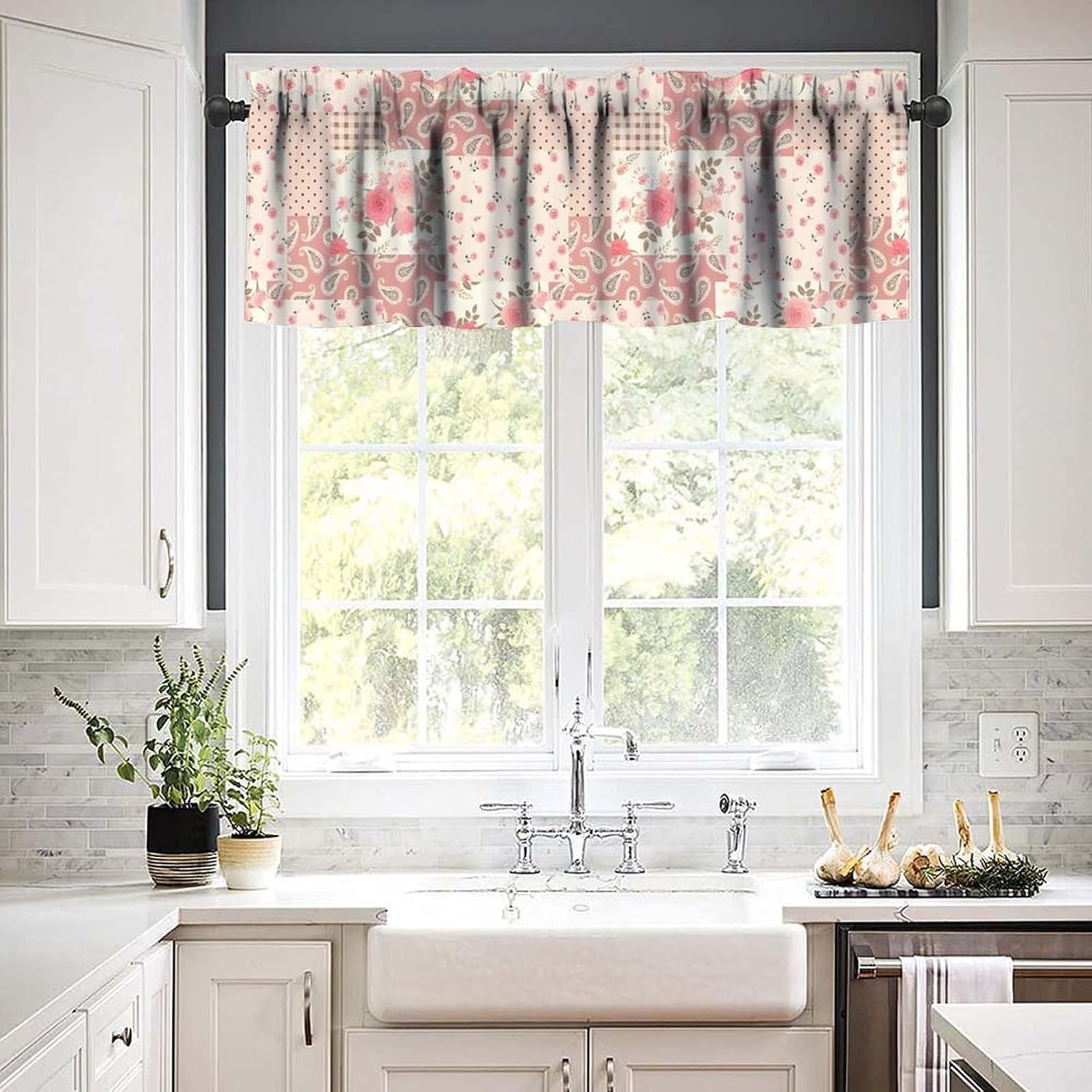 Floral Patchwork Valance, Pink Boho Rose Flowers Paisley Farmhouse Country Short Window Treatment for Girls Kitchen Bedroom Living Room, 54x18Inch
