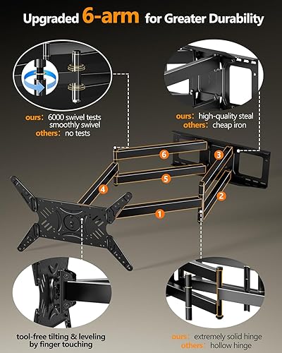 Miniatura 5 de Soporte de pared giratorio de brazo extra largo con extensión de 42 pulgadas, soporte de TV resistente de movimiento completo para pantallas de 37 a