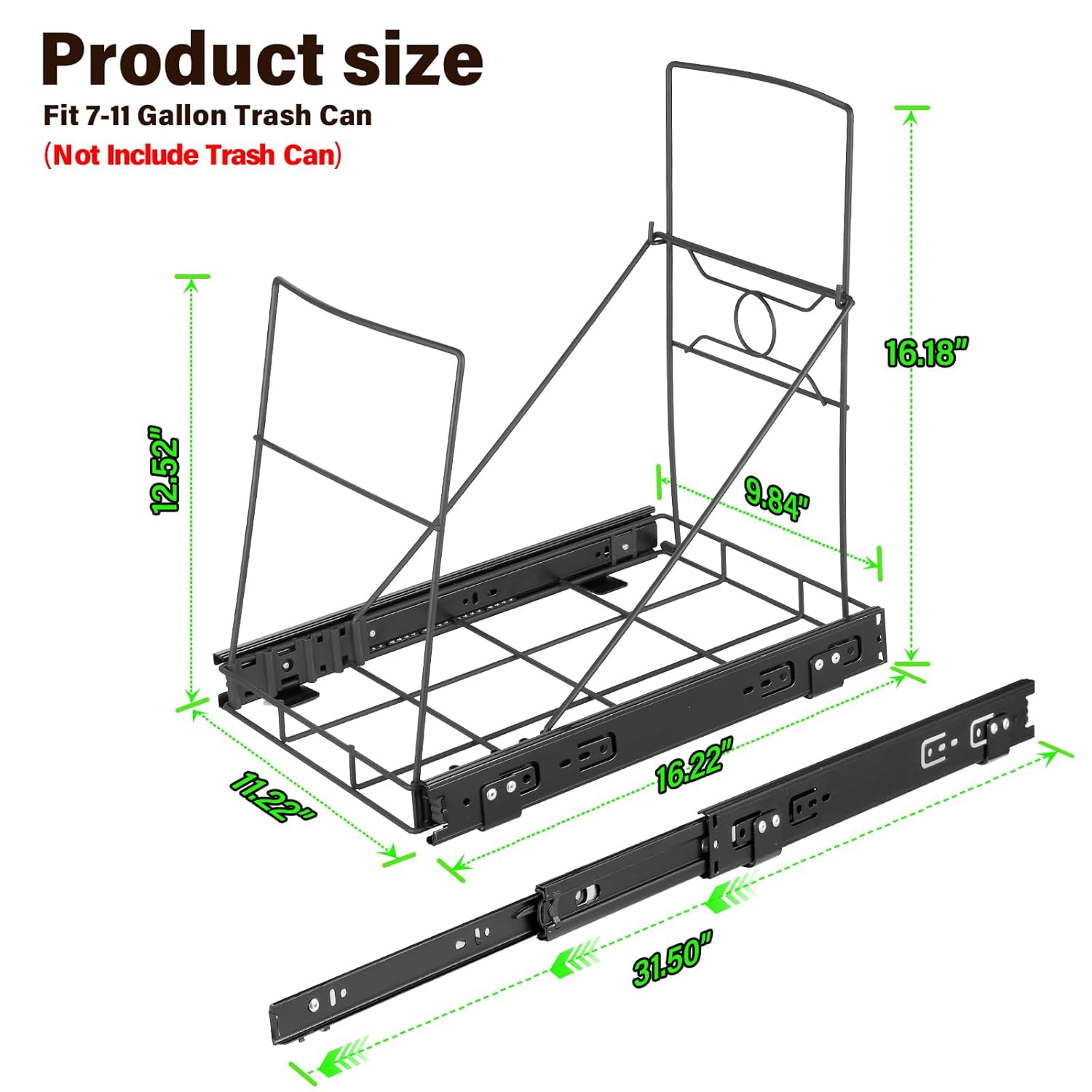 Stainless Steel Kitchen Adjustable Trash Can Holder, Heavy Duty Cabinet Pull Out Kit, Fit 7-11 Gallon Trash Can, Black(Trash Can Not Included)