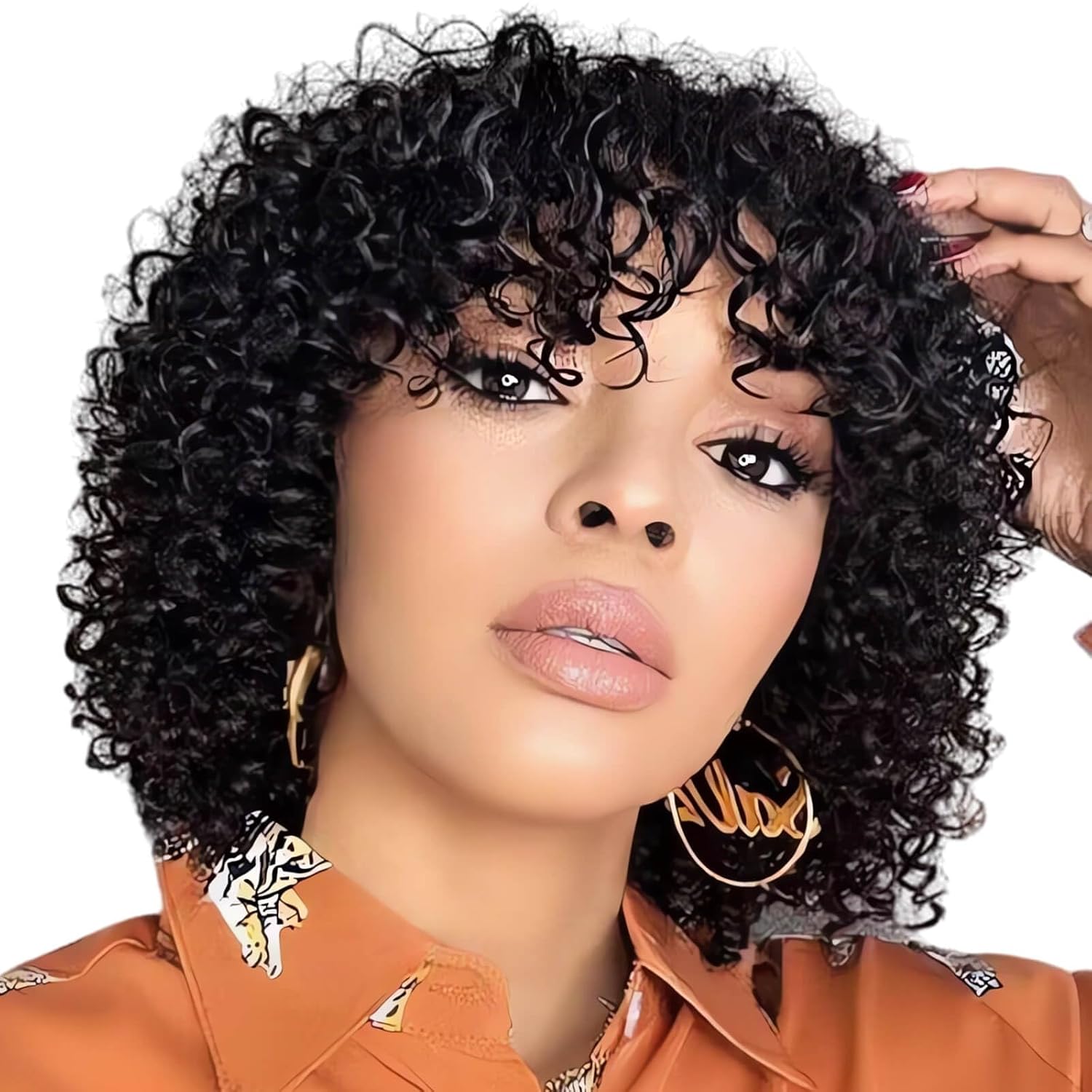 Short Curly Human Hair Wigs with Bangs Jerry Curl Glueless Bob Wig Human Hair with Bang Wear and Go No Lace Wig 180 Density 100% Real Unprocessed Brazilian Virgin Hair Natural Black 12 Inch