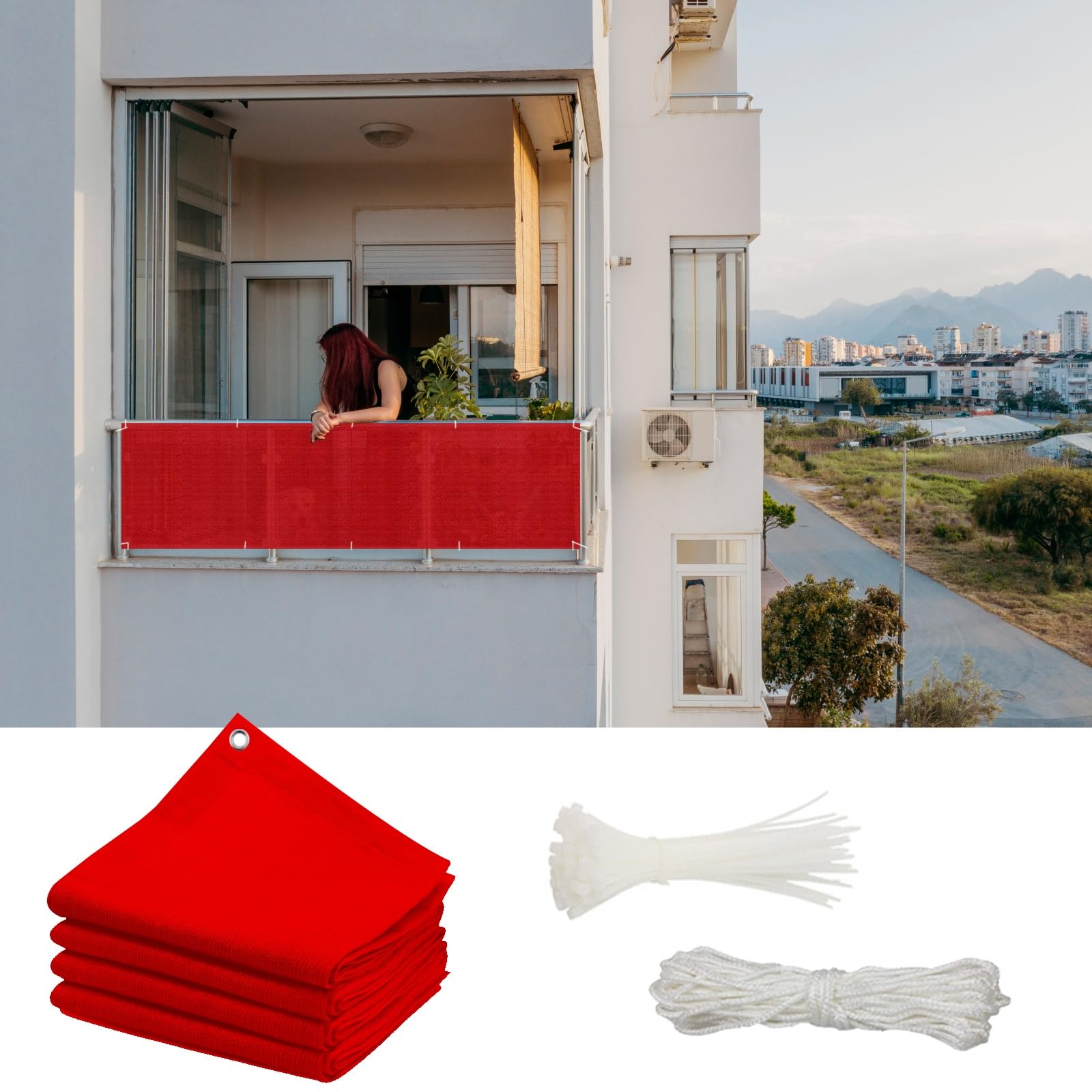 Telo Privacy Ringhiera 65 x 200 cm Copri Ringhiera Balcone, Ombreggiante per Recinzione HDPE da 220G/M², con Occhielli Corde e Fascetta per Balcone Giardino, Rosso