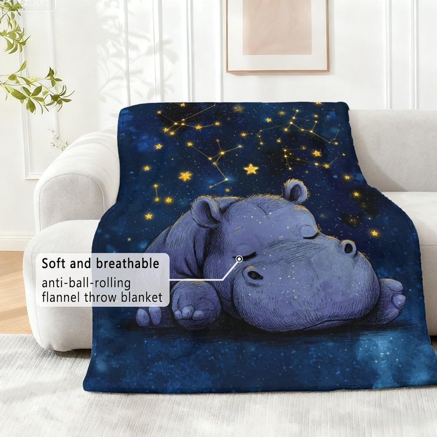 Sleeping Hippo Blanket, Starry Sky Flannel Throw Blanket for Couch Bed Or Chair, Luxury Lightweight Comfy Blankets Home Office, Dorm Decor Gift 50x60in(125 * 150cm)