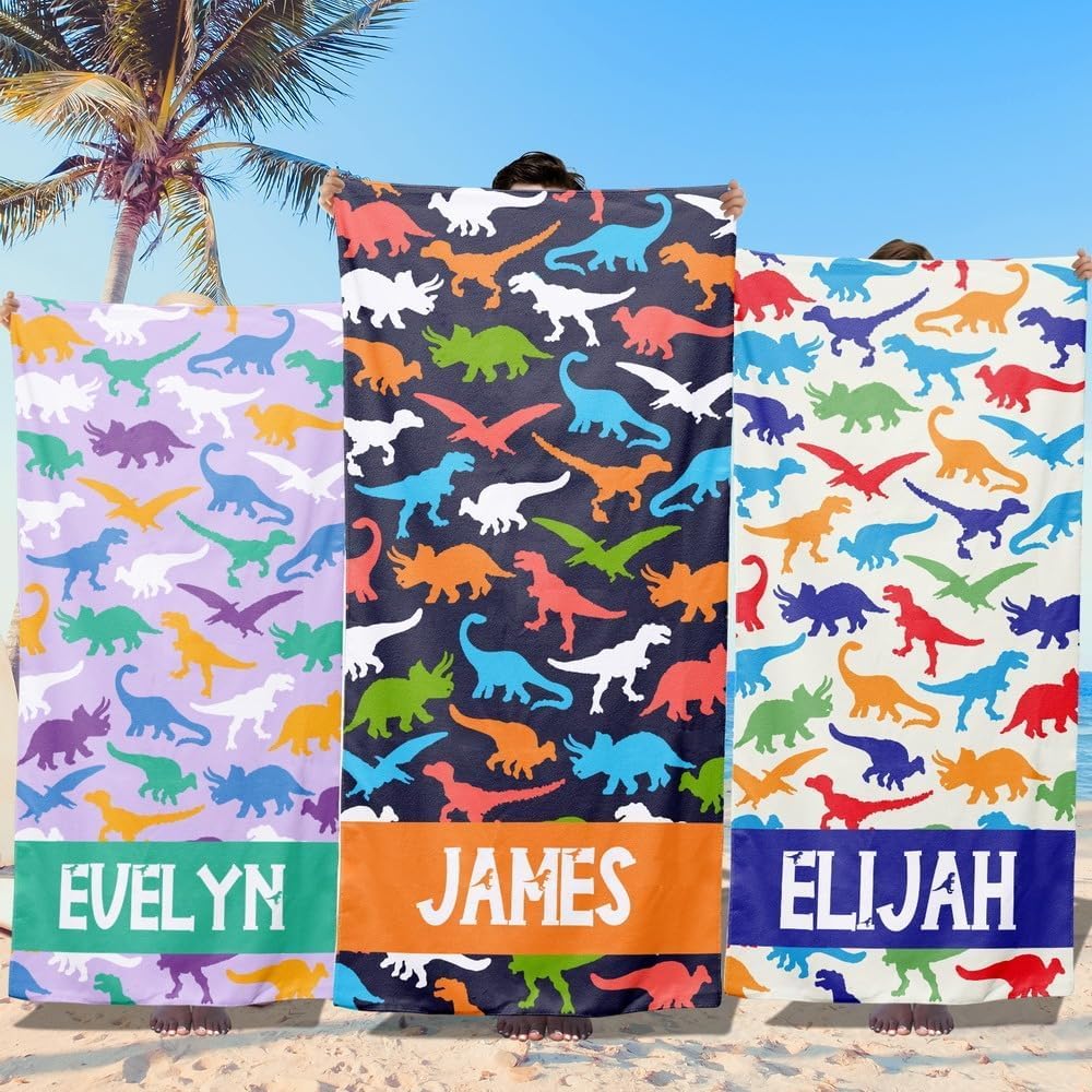 Loosusu Personalised Beach Towels for Kids-Custom Beach Towels with Monogram & Name- Ultra Absorbent Super Soft Swimming Towel for Kids,Customised Bath/Pool/Beach Towel for Boys Girls(Dinosaur)