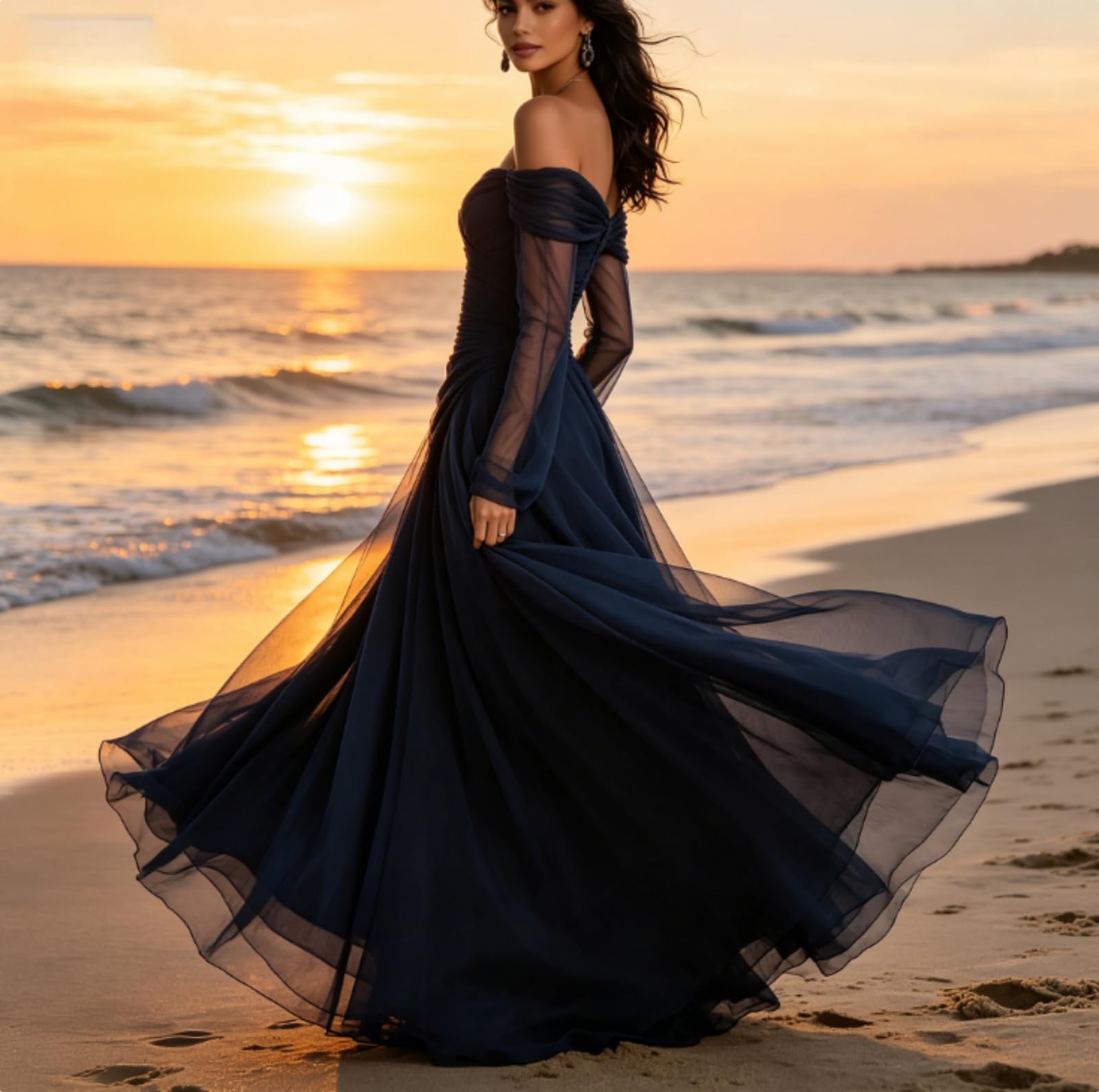 Maxivestido Elegante para Mujer en chifón Azul Oscuro, de Manga Larga, Hombros Descubiertos y Corte Ajustado; diseño de Primavera-Verano con Paneles de Malla.