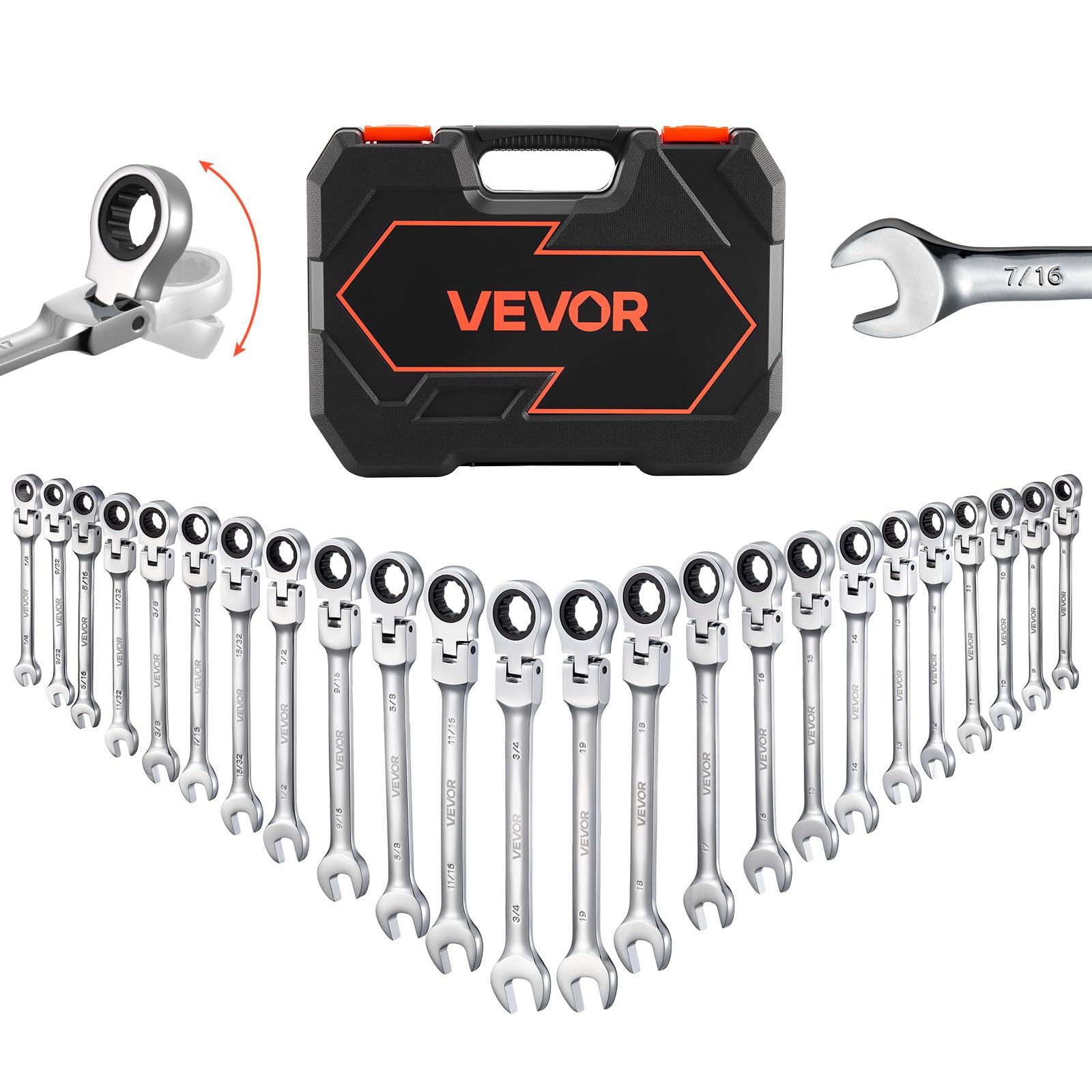 VEVOR Jeu de Clés Mixtes 24 Pièces, Clé Plate à Cliquet avec Tête Flexible, pour Réparation Domestique et Automobile Atelier, SAE et Métrique, 72 Dents, en Acier Cr-V, avec Coffret de Rangement