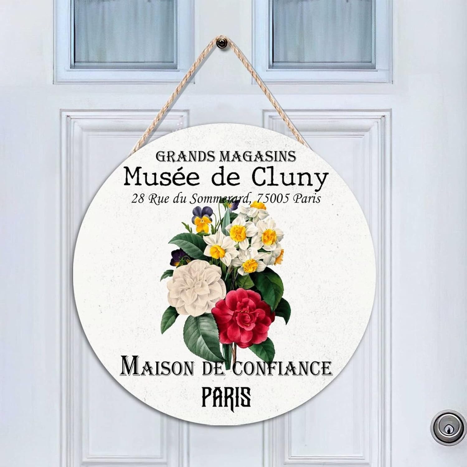 Old Paper Textures Wall Hanging Sign Plaque, Vintage Flower Wood Door Sign, Floral 16x16in Round Door Hanger Sign for Front Door Entryway Porch Bar Pub Housewarming Gifts