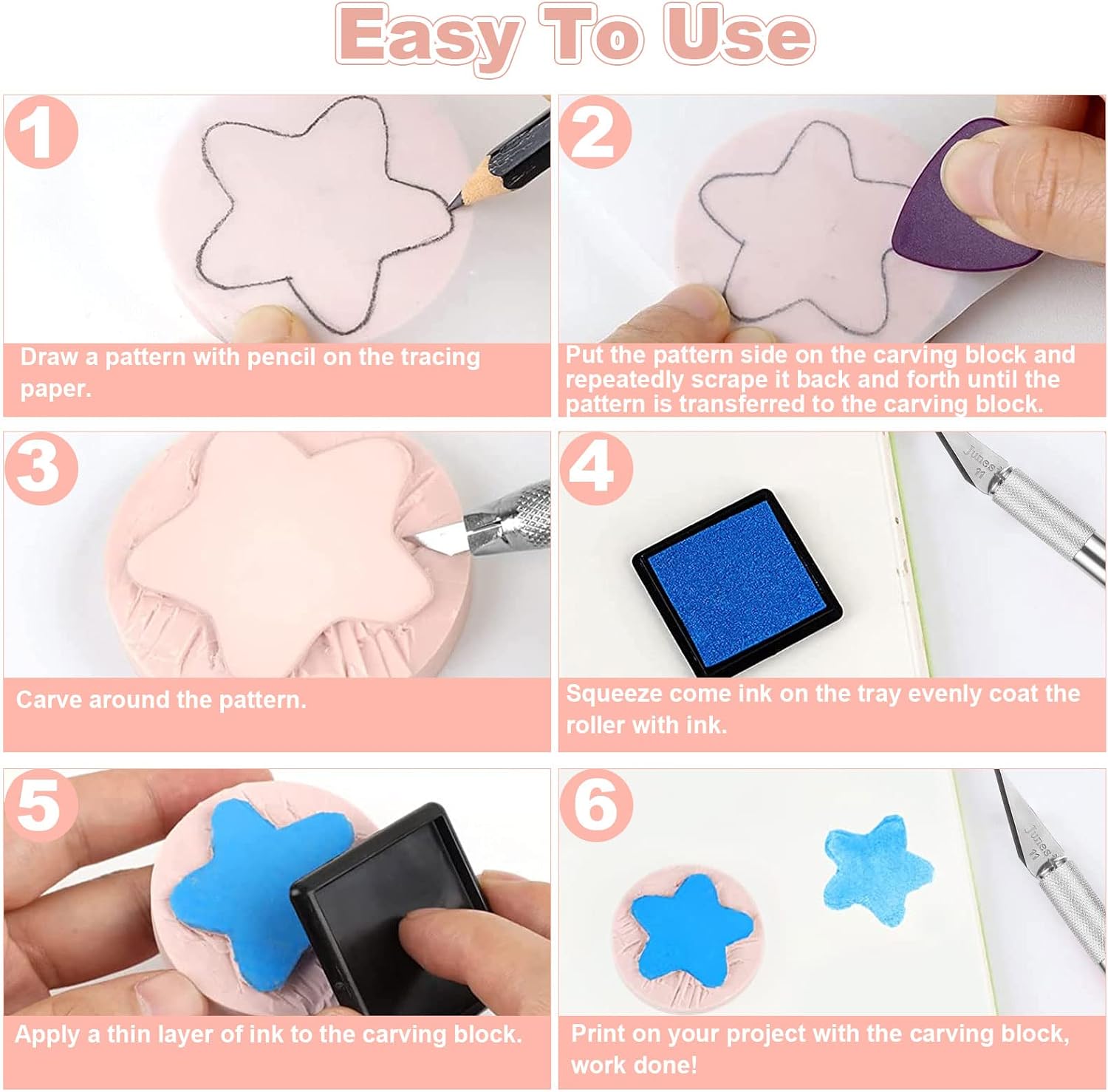CertBuy 30 Pack Linoleum Blocks for Printmaking, Pink Rubber Carve Block, Round Print Blocks for Stamping, Rubber Block Printing, Linoleum Blocks for Craft