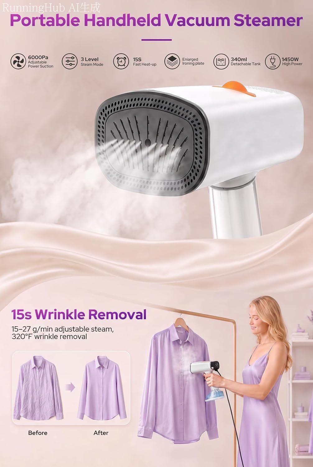 Handheld Garment Steamer for Clothes, 𝟲𝟬𝟬𝟬𝐏𝐚 3-Level Suction,𝟭𝟱𝐬 𝐅𝐚𝐬𝐭 Heat-Up, 20/27/32g/min Steam,𝟯𝟰𝟬𝐦𝐥 𝐓𝐚𝐧𝐤, Dry Ironing & Auto-Clean, Portable Steamer for Home, Travel, Dorm
