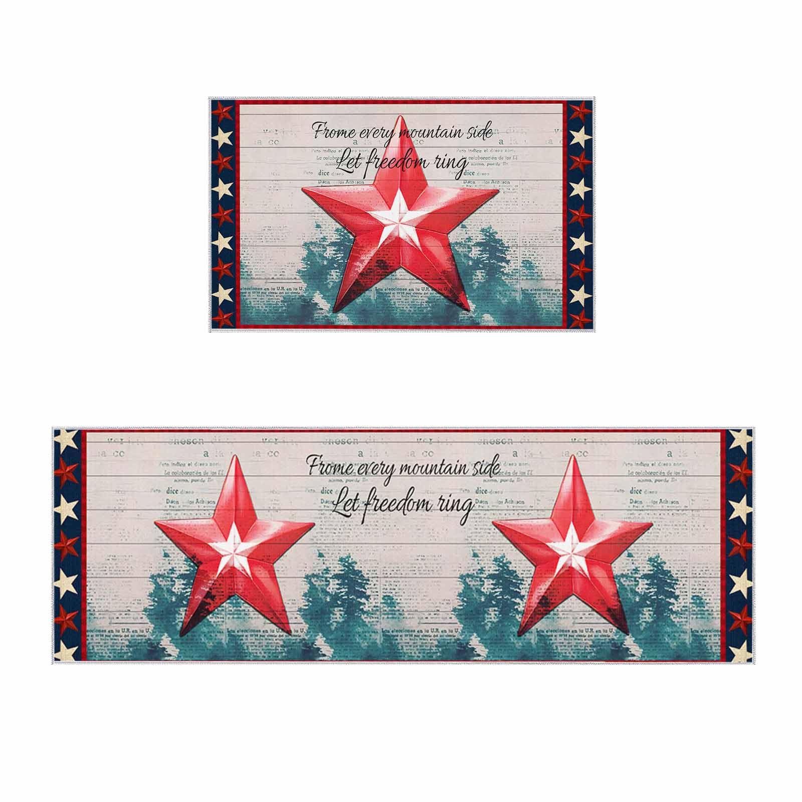 2 Pieces Kitchen Rugs and Mats,4th of July Vintage Red Patriotic Star Area Runner Rug Set Non Slip Floor Doormat Washable Carpet Standing Mat for Kitchen Sink Indoor Corridor,Freedom Mottled Wood