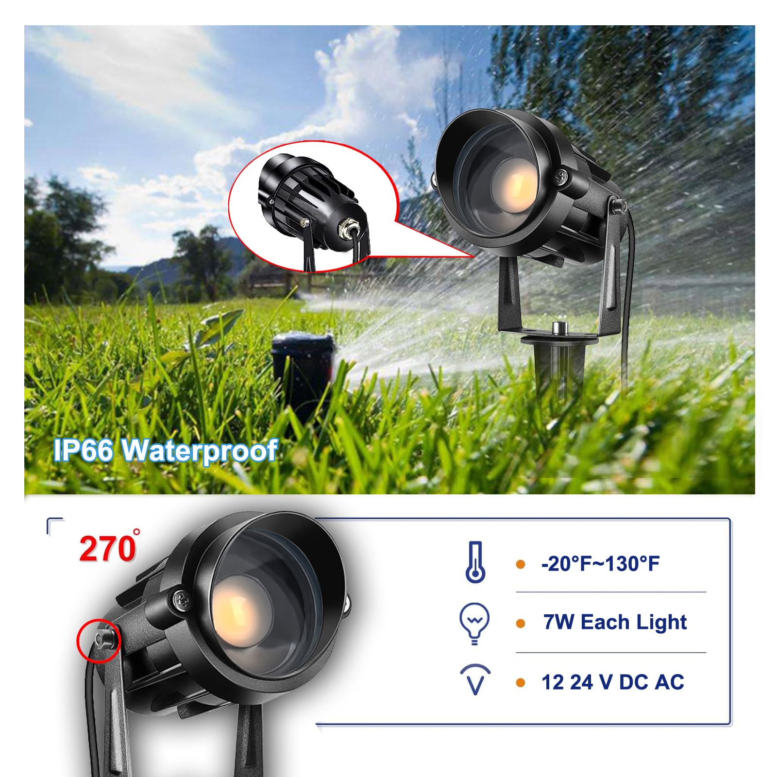 Iluminación exterior LED para jardín Spotlights Iluminación exterior Pin de jardín Fuente de alimentación 7W 12V 24V Baja tensión Iluminación paisajista impermeable IP66 8pack