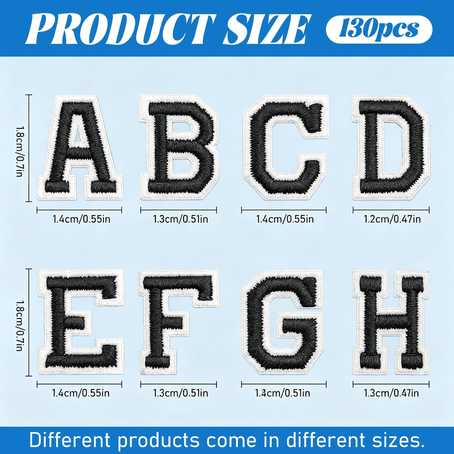 0.7 Inch Iron on Letters Patches, 130Pcs A-Z Embroidered Alphabet Patches for Hats, Clothes, Graduation Stole, Backpacks, Fraternity and Sorority Events, Machine Washable(Black)