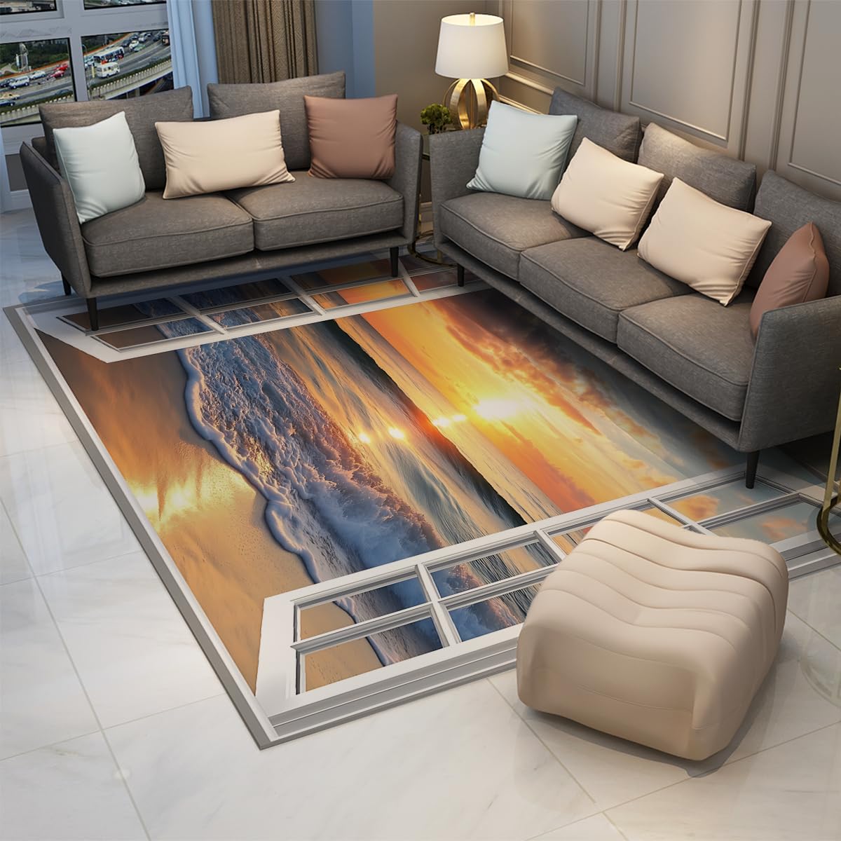 Dywan okienny 140 x 200 cm ocean plaża zachód słońca duży dywan z niskim