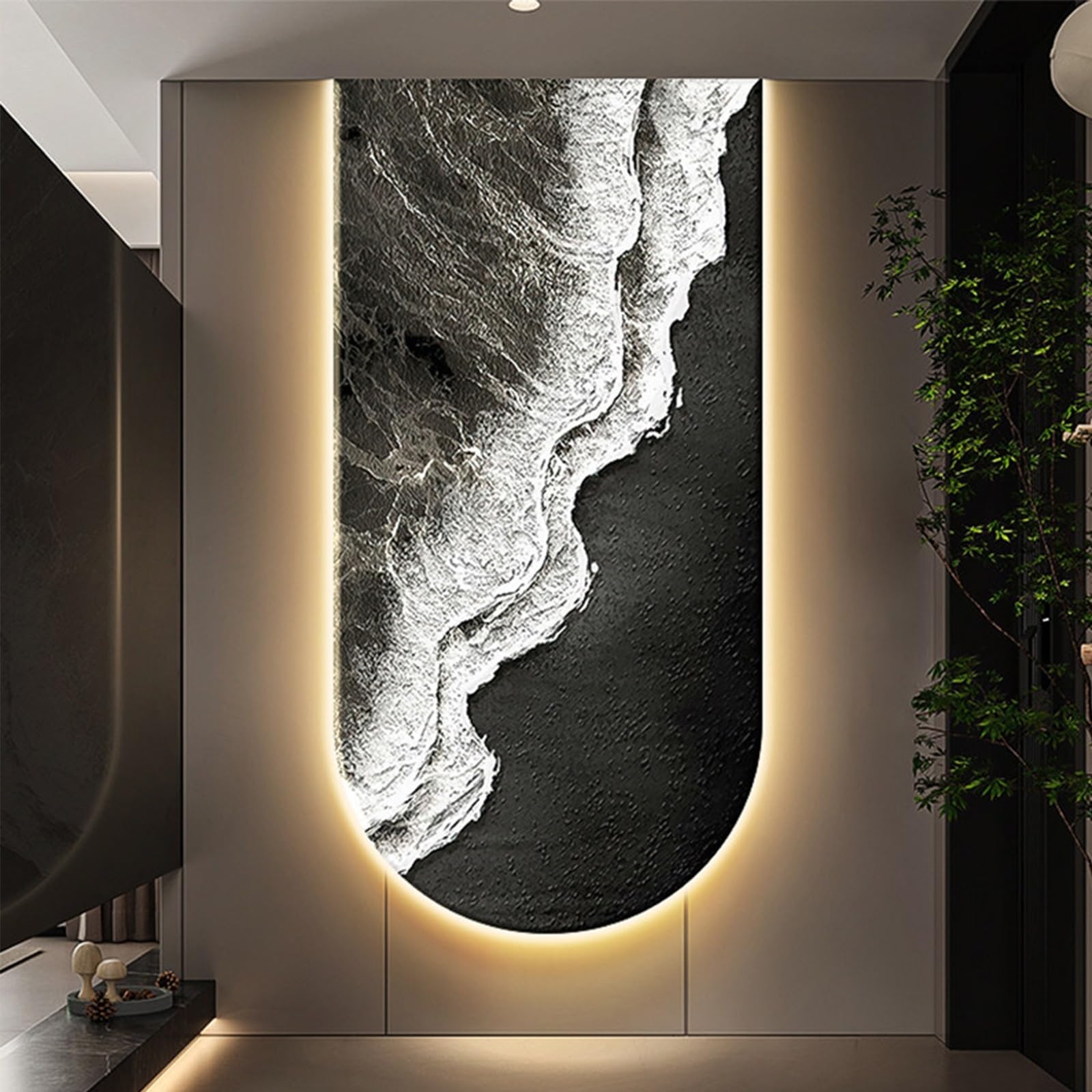 Abstrakte Ocean Waves Wall Art Decor Painting with Light Behind, Plug-in Power LED Entryway Wall Skulptur, Modern Home Decor Hanging Wall Decor for Hallway Living Room.(ClrD,70x140cm/27.6x55.1in)