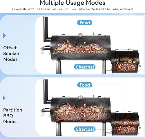 Miniatura 4 de GREEN PARTY Parrillas de carbón para ahumar compensadas con cámara de cocción de 37 pulgadas, ahumador de barril y parrilla de carbón, parrilla de