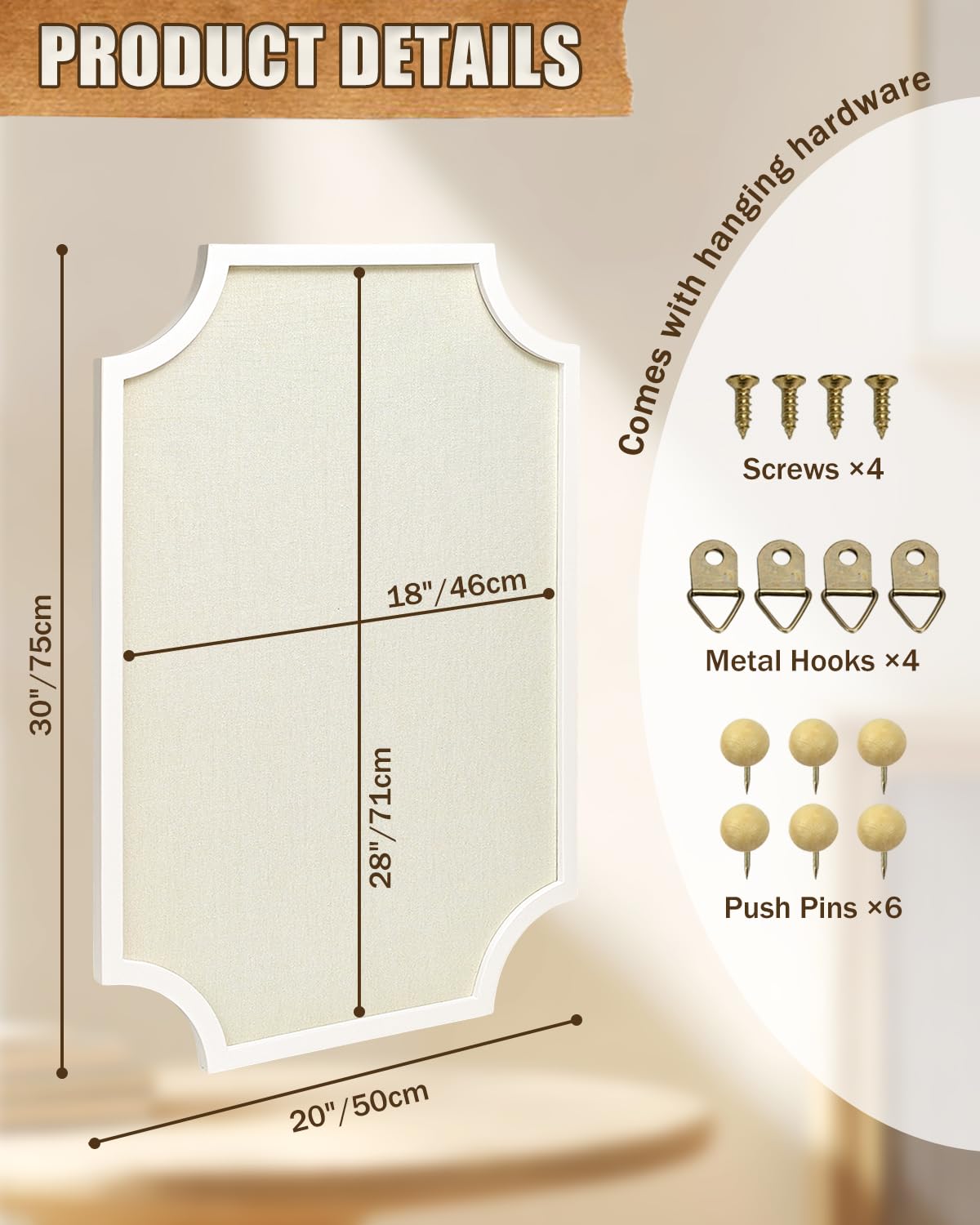 Okydoky Pinnwand Kork mit Leinen, 50 x 75 cm Groß Korkwand Pinnwand, Pinwand Korktafel Für Küche, Büro, Schul und Zuhause Dekoratives, Weiß Holzrahmen(WH-5075). DE