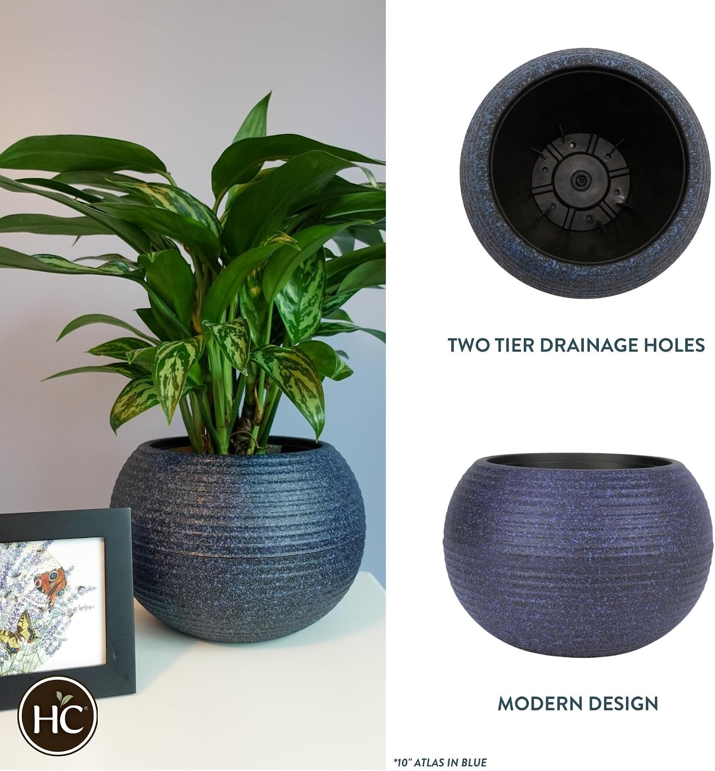 The HC Companies 12 Inch Atlas Sphere Planter - Lightweight Decorative Round Indoor Outdoor Plastic Plant Pot for Herbs and Flowers, Blue