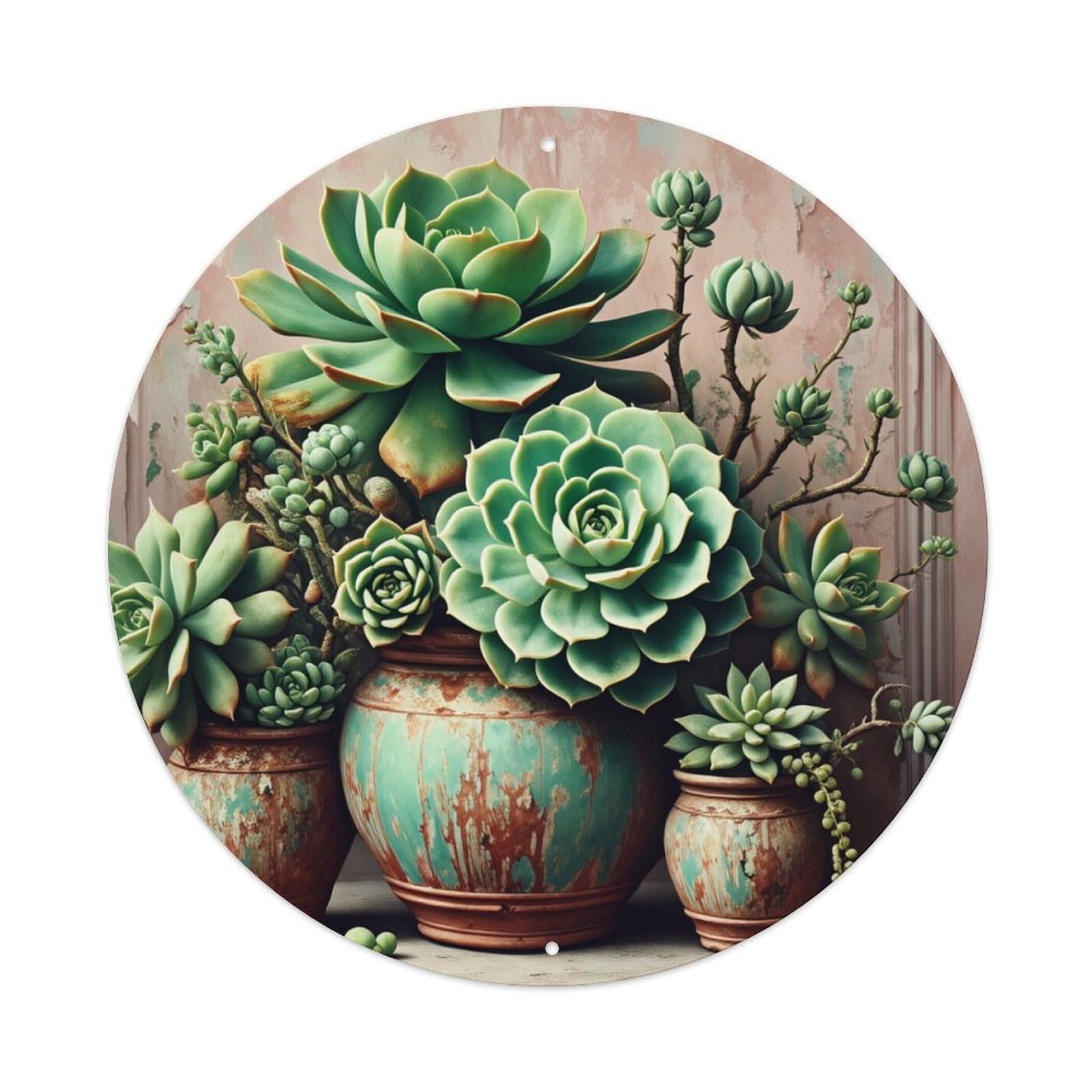 Succulent Plant Arrangement In Pots Round Tin Sign Retro Metal Sign for Cafe Bar Pub Home Game Room Gym Club Wall Decoration Vintage Metal Poster 8x8 Inch