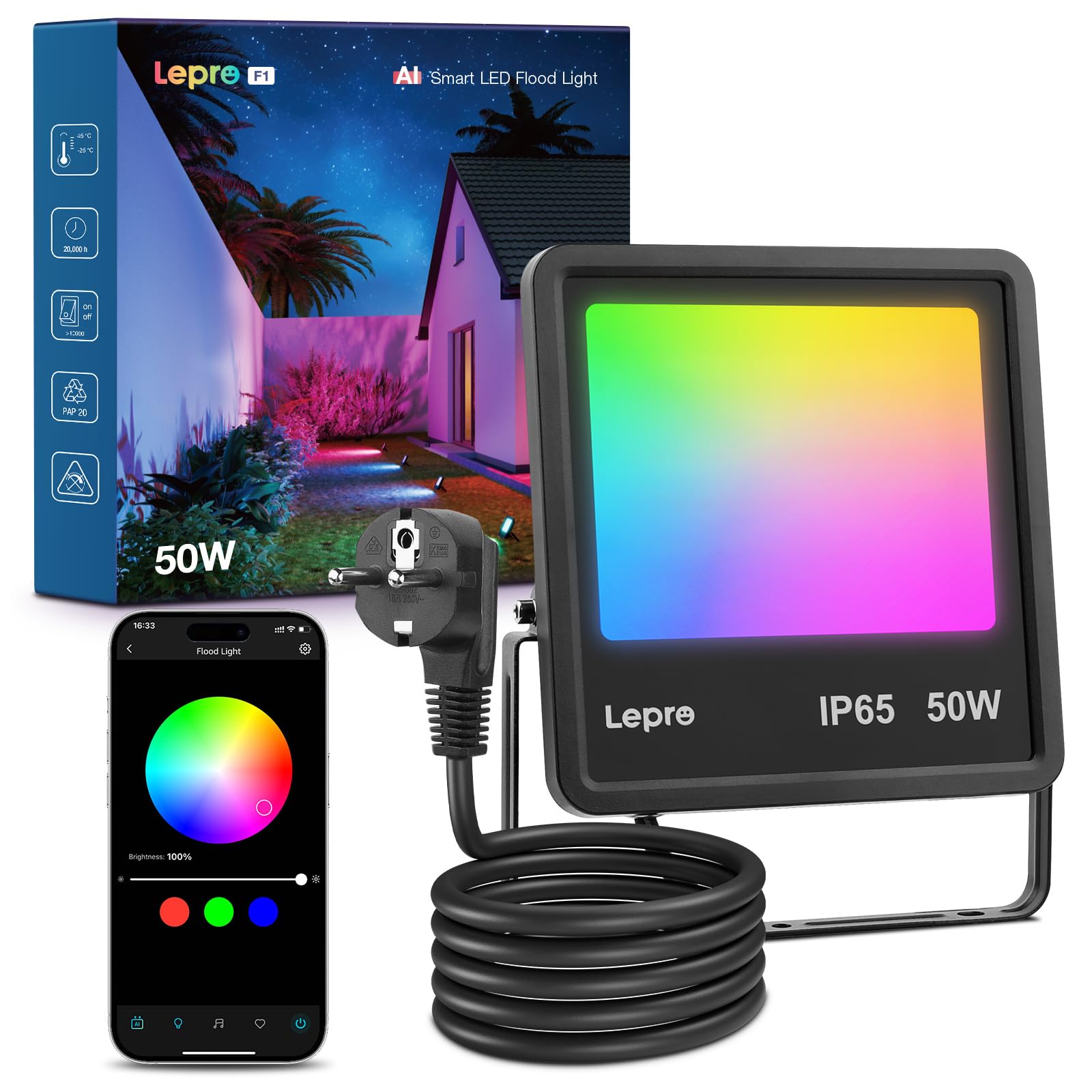 Lepro F1 AI Faretto LED da Esterno 50W, Faretto da Giardino RGB Dimmerabile