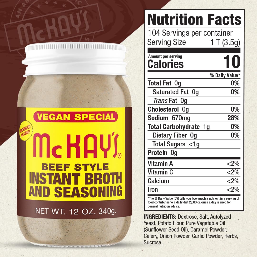 McKay's Vegan Chicken and Beef Flavored Soup Seasoning, Gluten Free, Vegetarian Instant Broth, Bullion Powdered Seasoning, Good on Meats, Veggies or in Soup! (Vegan Variety, 2 Pack)
