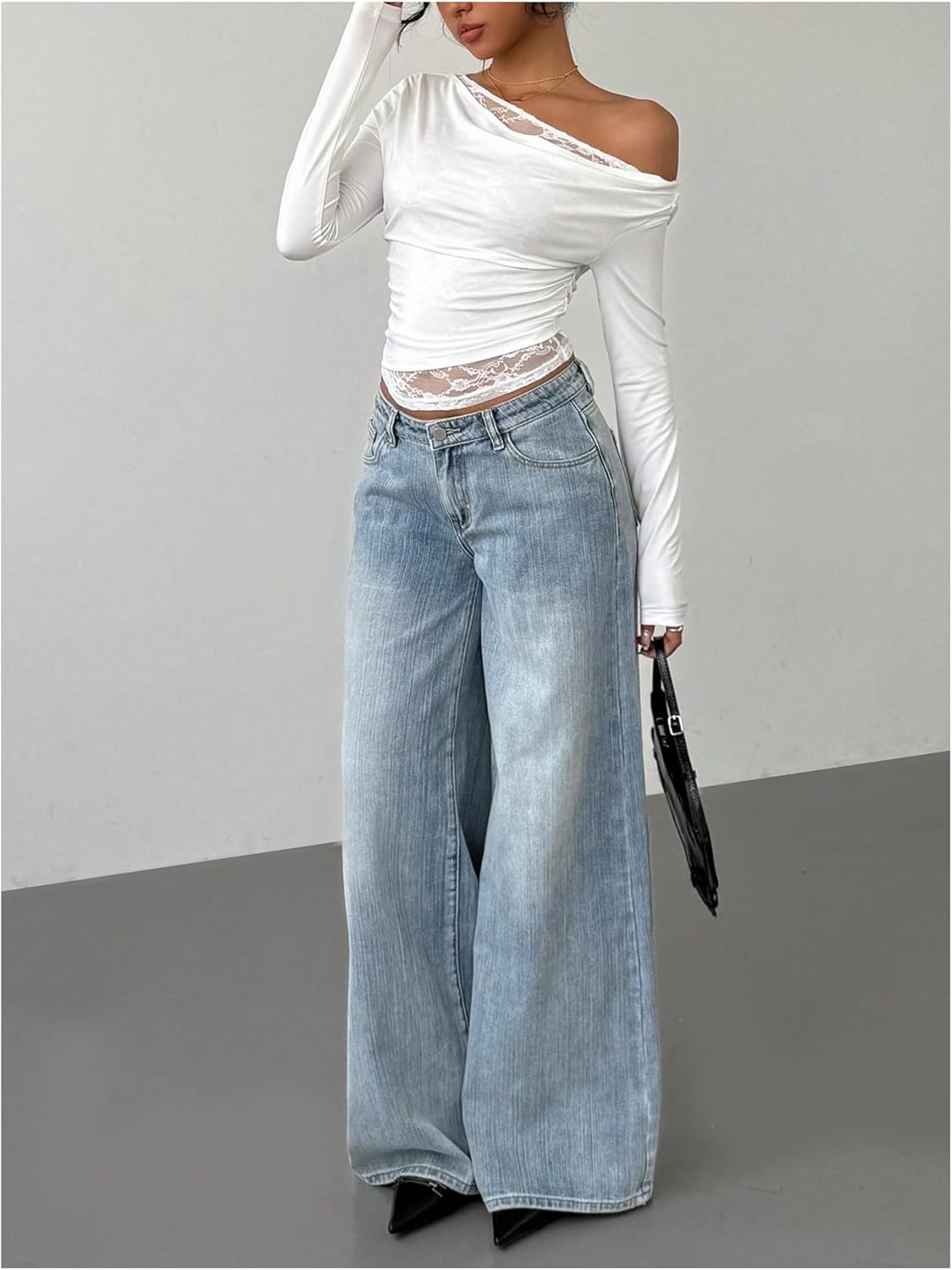 Milumia Women's Y2k Lace Off The Shoulder Long Sleeve Top Ruched Slim Fit Going Out Crop Tops - Image 5