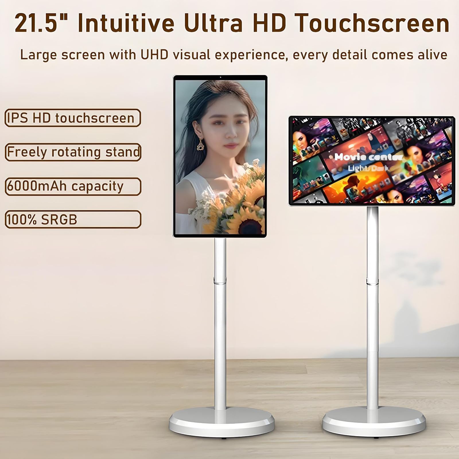 Televisor Portátil Inteligente De 21.5 Pulgadas con Pantalla Táctil Y Soporte Giratorio para Exteriores con Cámara De 8 MP Y Soporte Ajustable 6+128G