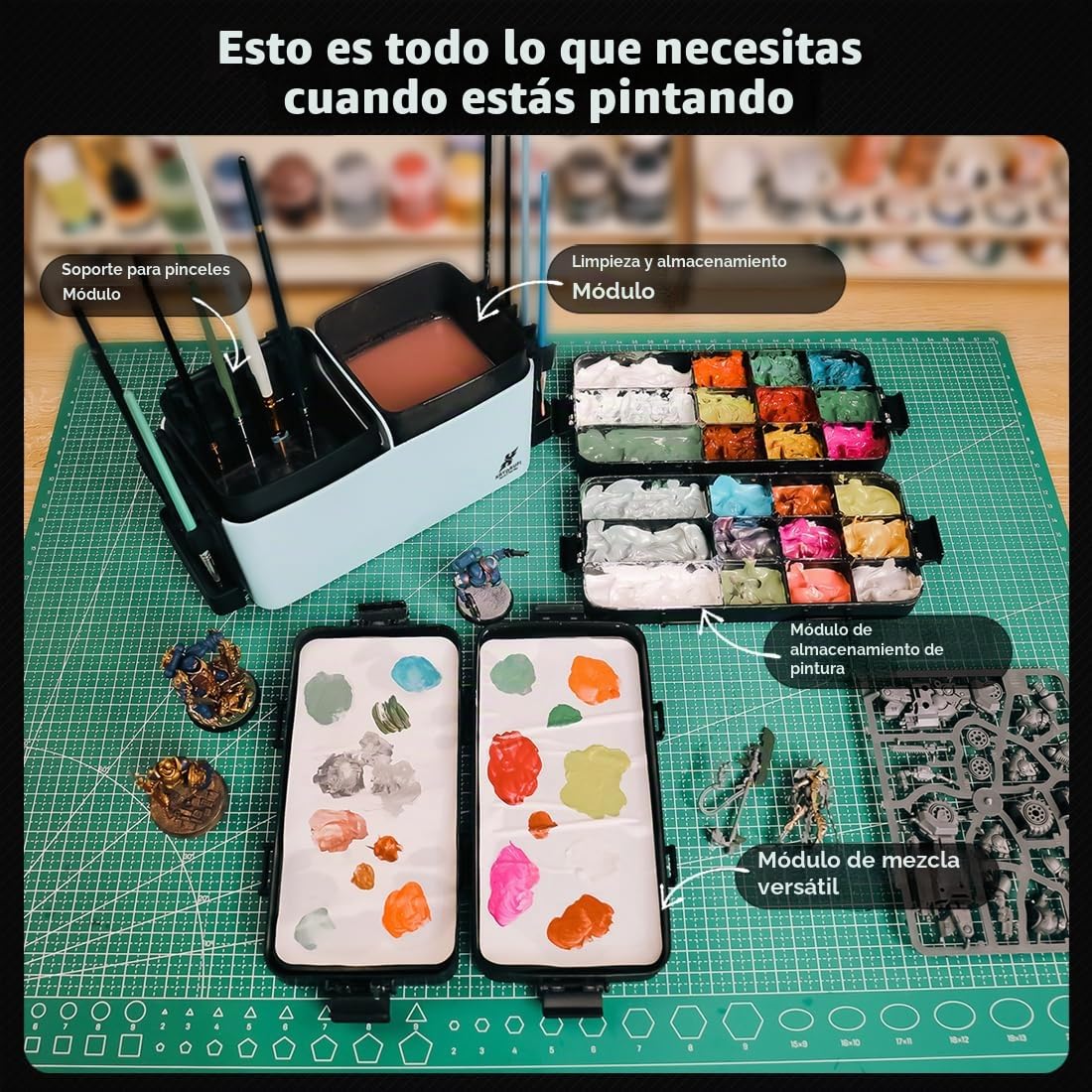 Estación de pintura modular portátil todo en uno con limpiador de pinceles y soportes, bandeja de paleta de pintura húmeda con tapa para pintura en miniatura y pinturas acrílicas (juego