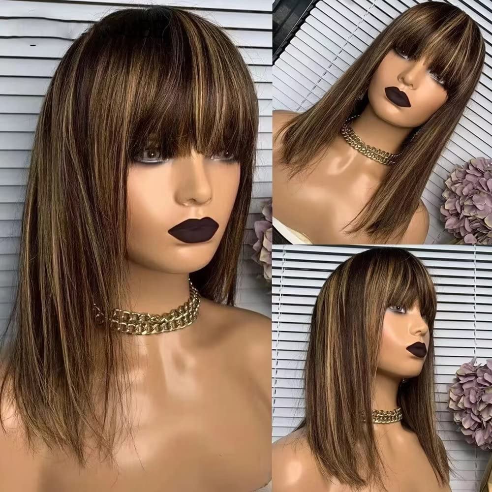 Highlight Ombre 4/27 Color Shoulder Bob 13X4 HD Invisible Lace Front Wig Human Hair with Bang Ombre Straight Short Bob HD Lace Wigs for Women with Bleached Knots 150 Density Brazilian Remy Hair 12"