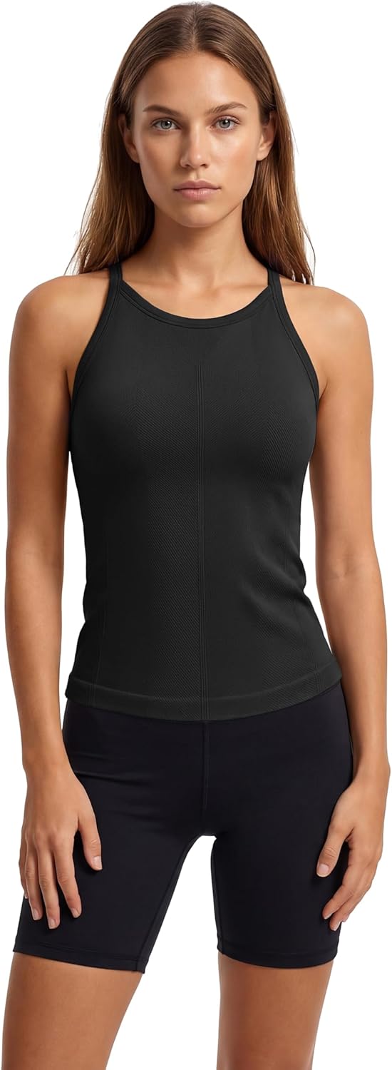 ATTRACO Women Workout Tank Tops with Built in Bra Crew Neck Basic Ribbed Tank Top Racerback Athletic Camisole Seamless