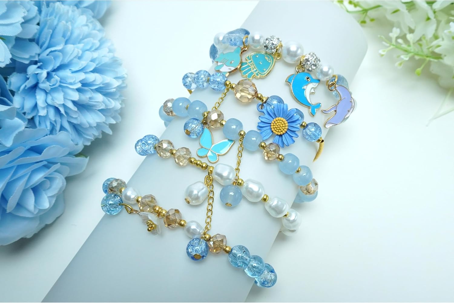 5PCS Beaded Charm Bracelets for Girls Dolphin Dainty Kawaii Crystal Beads Bracelets Set for Teens Girls Adjustable Stretch Bracelet Birthday Graduation Gift For Daughter Niece Granddaughter - Image 2