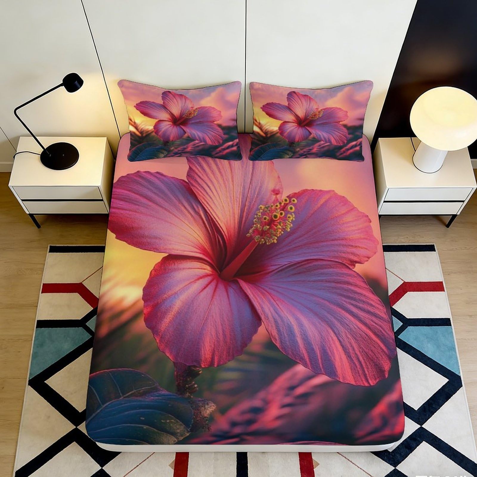 3D Printed Sunset Hibiscus Fitted Sheet Microfiber Floral Bed Cover Soft Washable for Bedroom Guest Room Decor 90x200x25cm