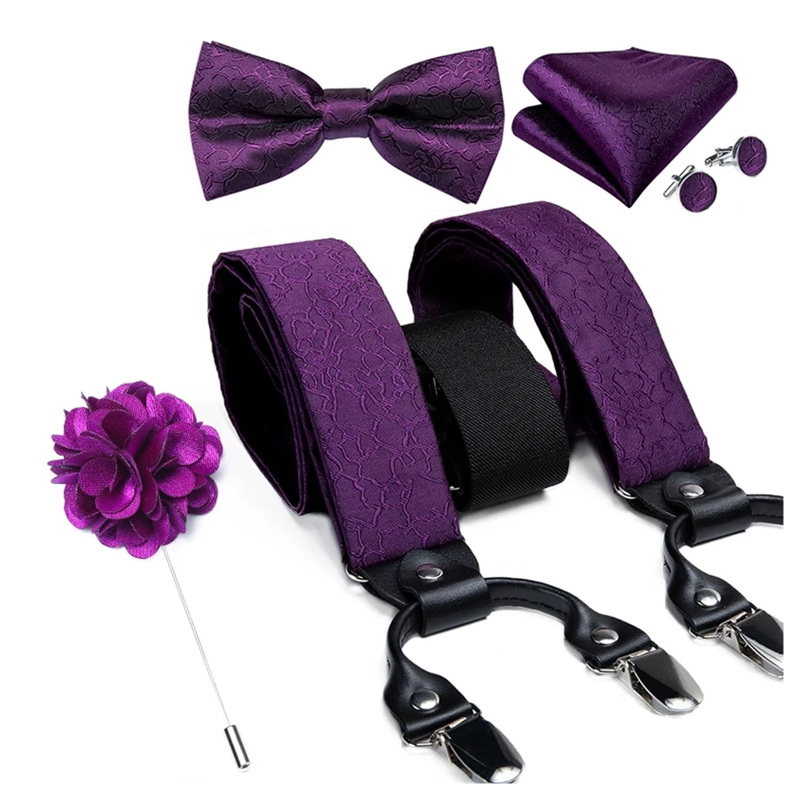 Bretelles de Luxe en Soie Blanche pour Hommes Ensemble avec 6 Clips Métal Nœud Papillon Broche