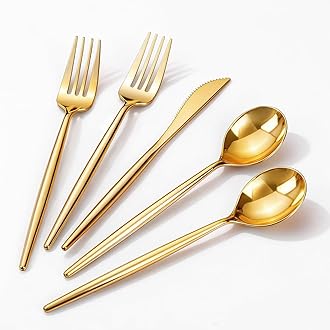 Rubtlamp 90Pcs Gold Plastic Silverware, Gold Disposable Utensils, Plastic Cutlery Include 30 Plastic Knives, 60 Forks and Spoons, Fancy Plastic Silverware Heavy Duty for Party