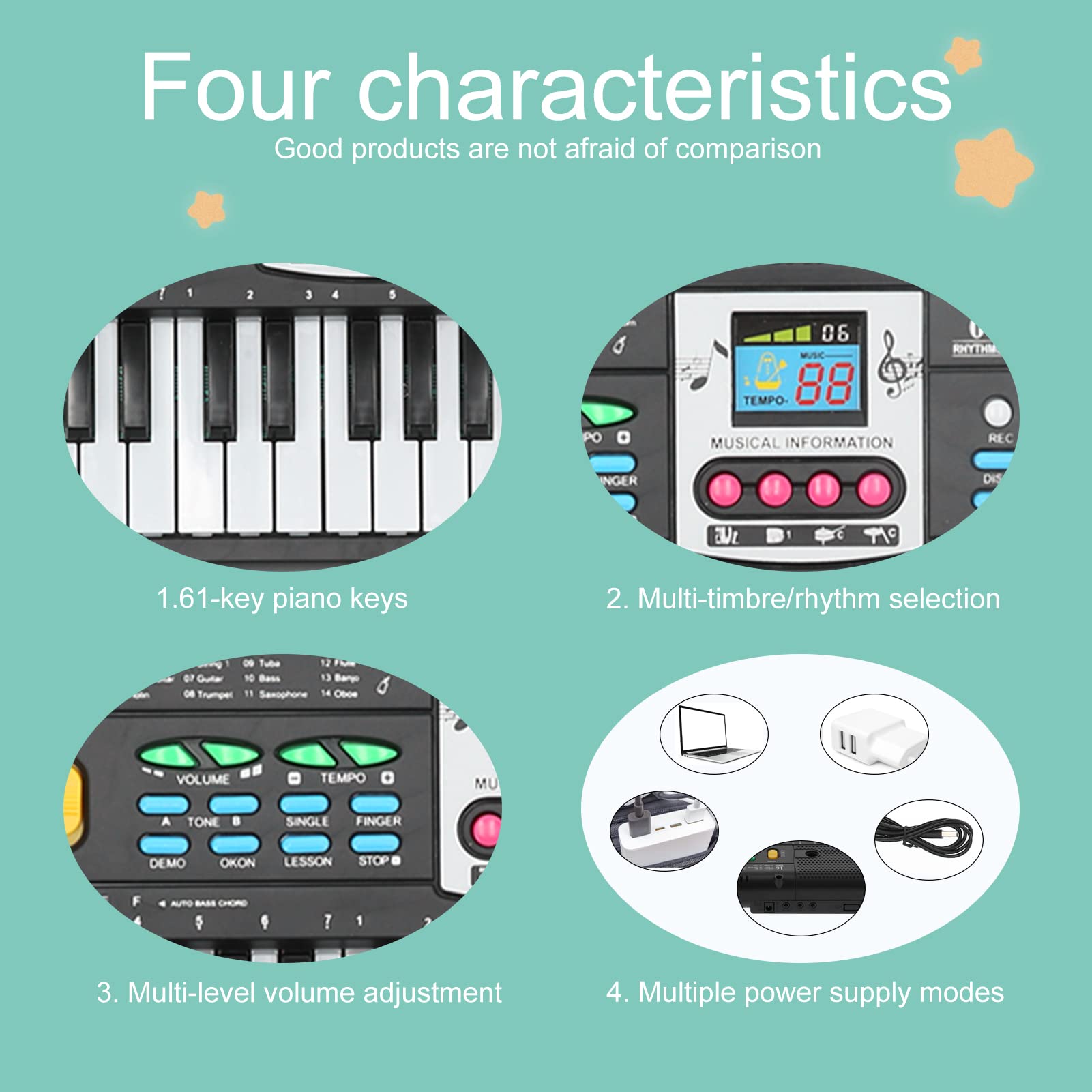 Teclado Electrónico 61 Teclas Portátil Multifuncional con Micrófono para Principiantes Compatible con Dispositivos Móviles Ideal para Aprendizaje Musical y Entretenimiento en Casa o Estudio