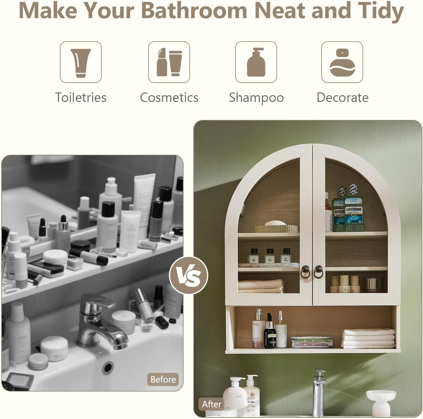 Bathroom Arched Wall Cabinet, 23.6'' Wide Medicine Cabinet with Adjustable Shelves & Acrylic Glass Doors, Over The Toilet Storage Wall Mount Cabinet for Laundry Room,Kitchen & Living Room, Cream