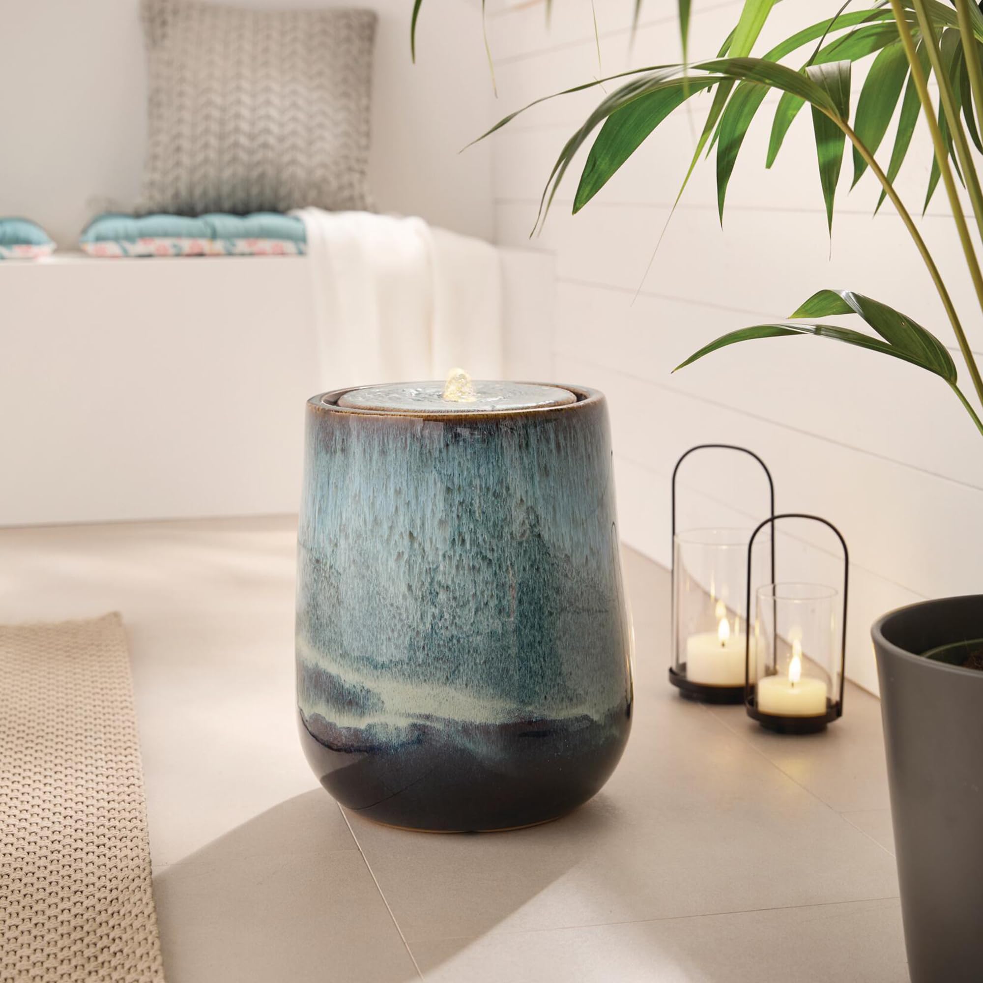 FRANK FLECHTWAREN Outdoor-Brunnen Deep Sea, Keramik, 4 warmweiße LEDs, inkl. Pumpe, Wasseraustritt Oben Maße: Ø 25 x 35 cm, Zuleitung 160 cm, für den Außenbereich geeignet