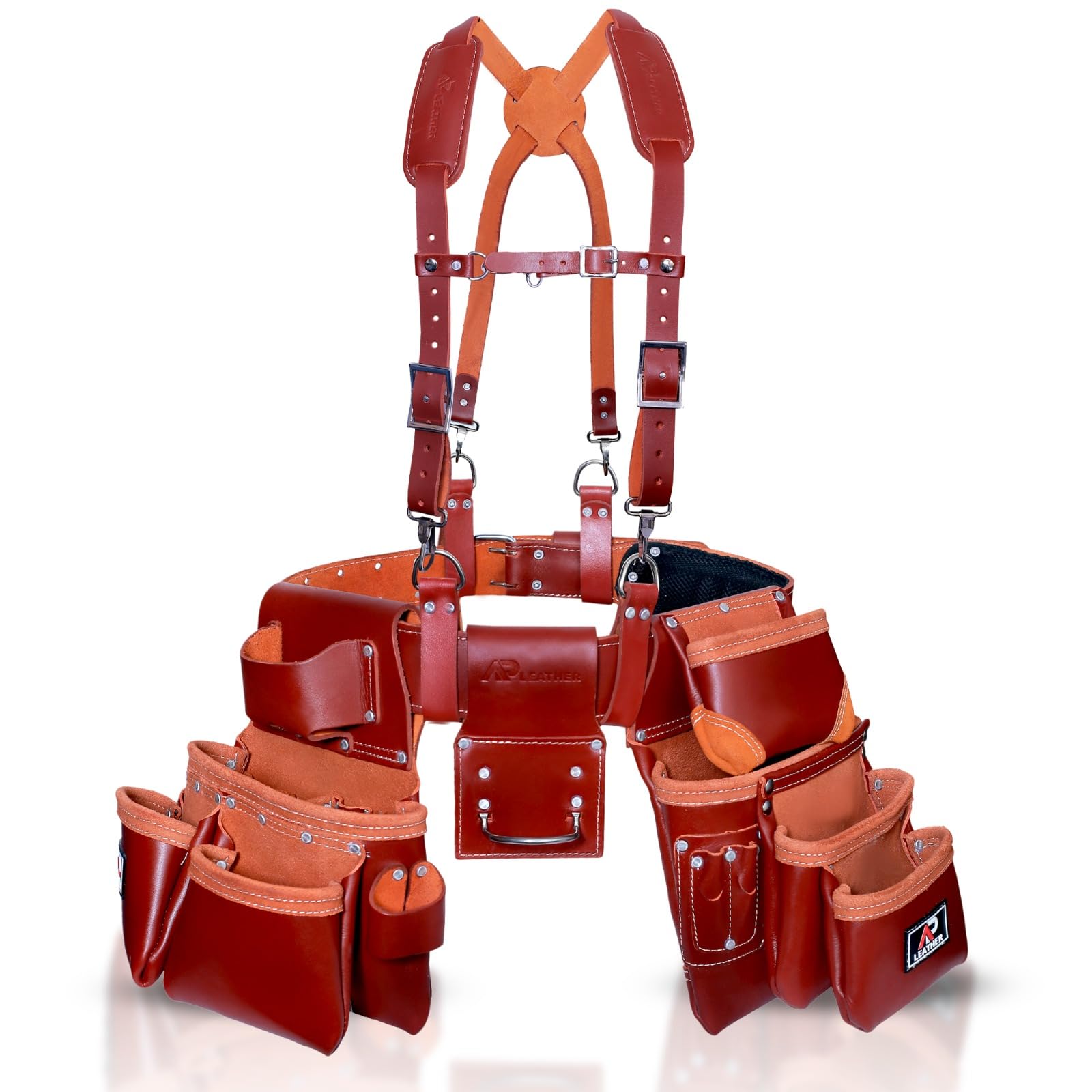 AP-LEATHER PRO-19 100 Genuine Full Grain Leather Tool Belt Pouch Bag tool belt with suspenders Comfort Back Support
