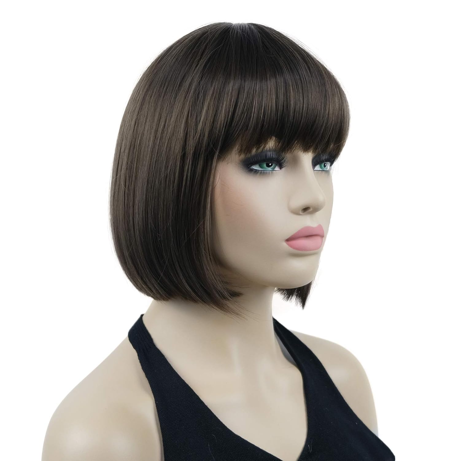 lydell 8" straight short bob hair flat bangs cute central dot skin top heat resistant synthetic wigs (8 light chestnut brown)
