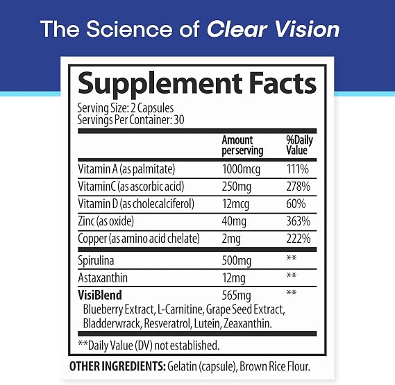 Eye Health Supplement 14 Essential nutrients for Clear Vision, Blue Light Protection, and Long-Term Eye Health. Supports Clarity and Eye Wellness. 60 Capsules. (1 Pack)