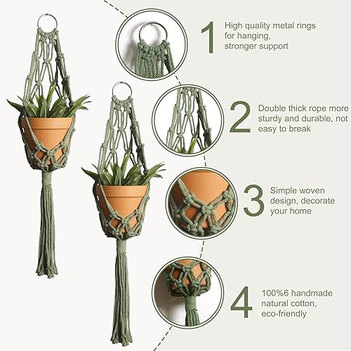 Miniatura 10 de Artilady Maceta colgante negra para plantas de interior, colgador de plantas de macramé, cesta grande con cuentas ajustables, ventana al aire libre,