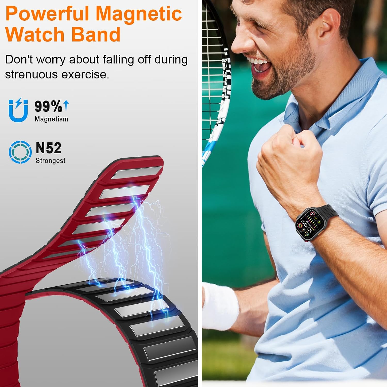 Tasikar Magnetic Bands Compatible with Apple Watch 42mm(Series 11/Series 10) 41mm 40mm 38mm Soft Silicone Replacement Loop Wristband for iWatch SE Series 11 10 9 8 7 6 5 4 3, Black-Red image 4