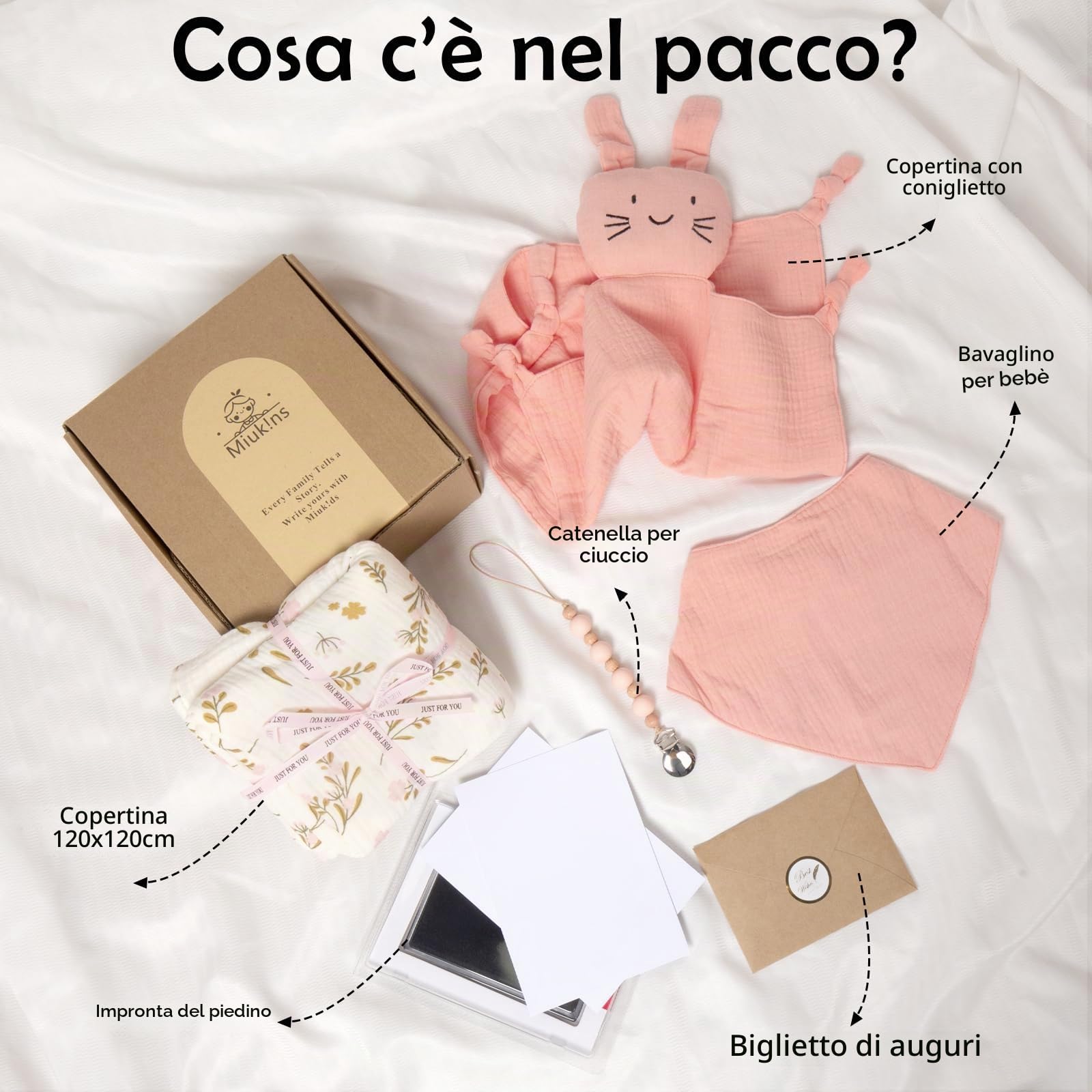 Coffret cadeau pour bébé fille 6 en 1, cadeau de naissance pour garçon, couverture en mousseline, doudou, bavoir, chaîne porte-doudou avec empreinte de pied, bon d'achat (Rosa)