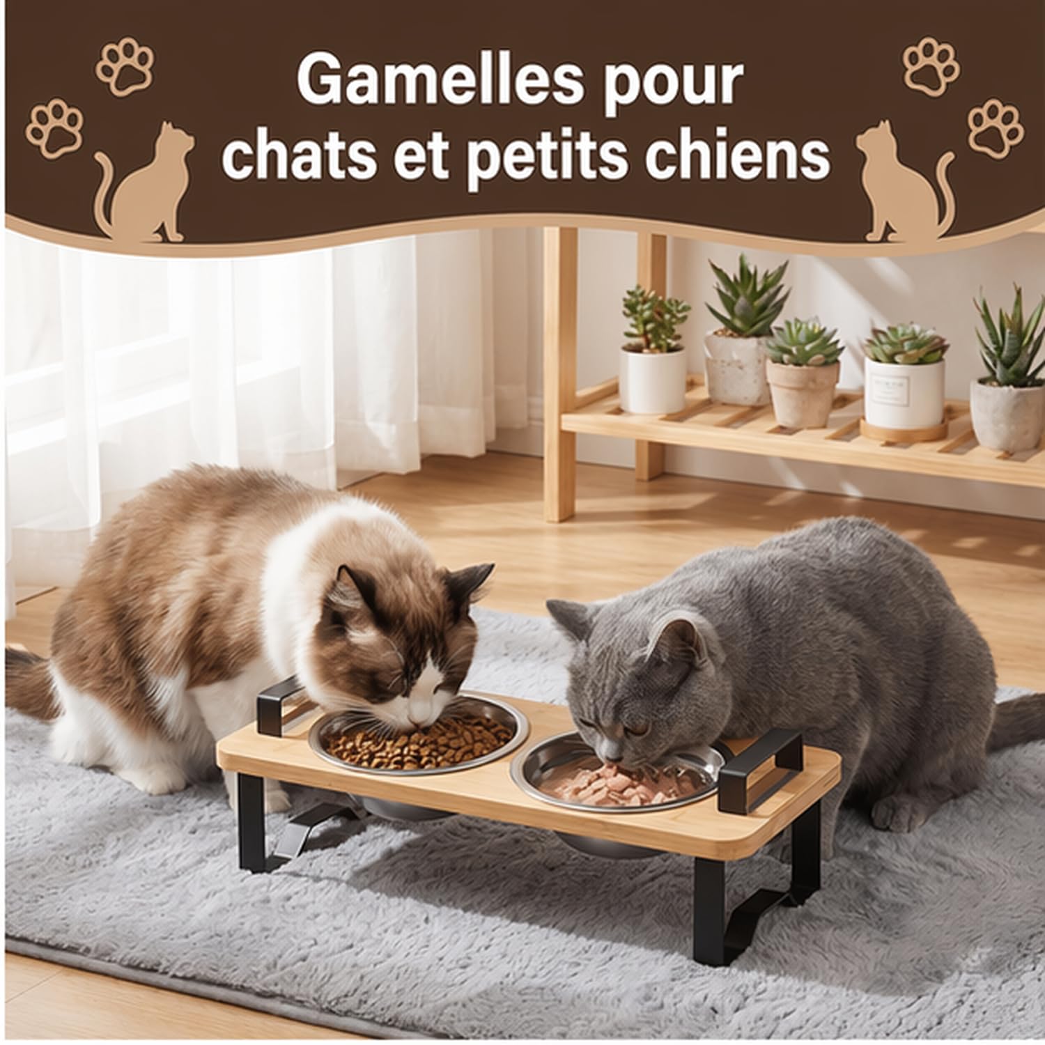 Gamelle Chat Surélevée, Rehausseur Gamelle Chat, Gamelles Surélevées Inclinées à 15° avec 2 Gamelles en Acier Inoxydable pour Chats et Petits Chiens.